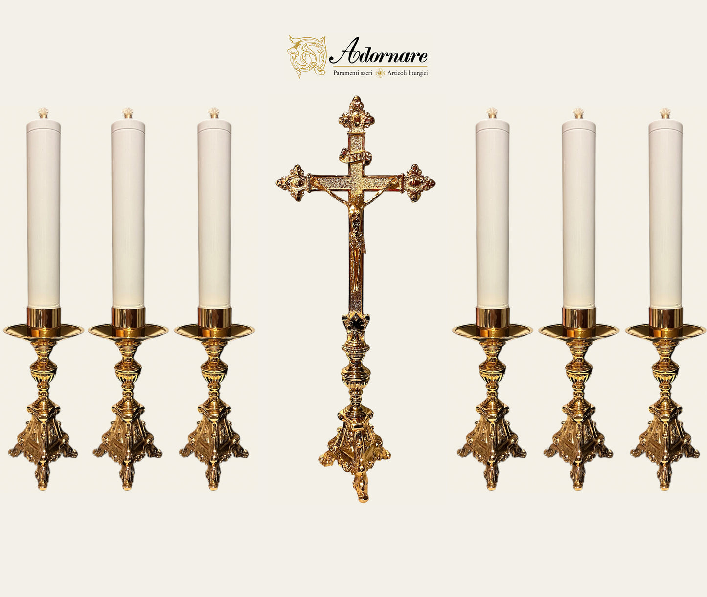 French style Altar Crucifix and Candlesticks with oil candles, gold-plated brass