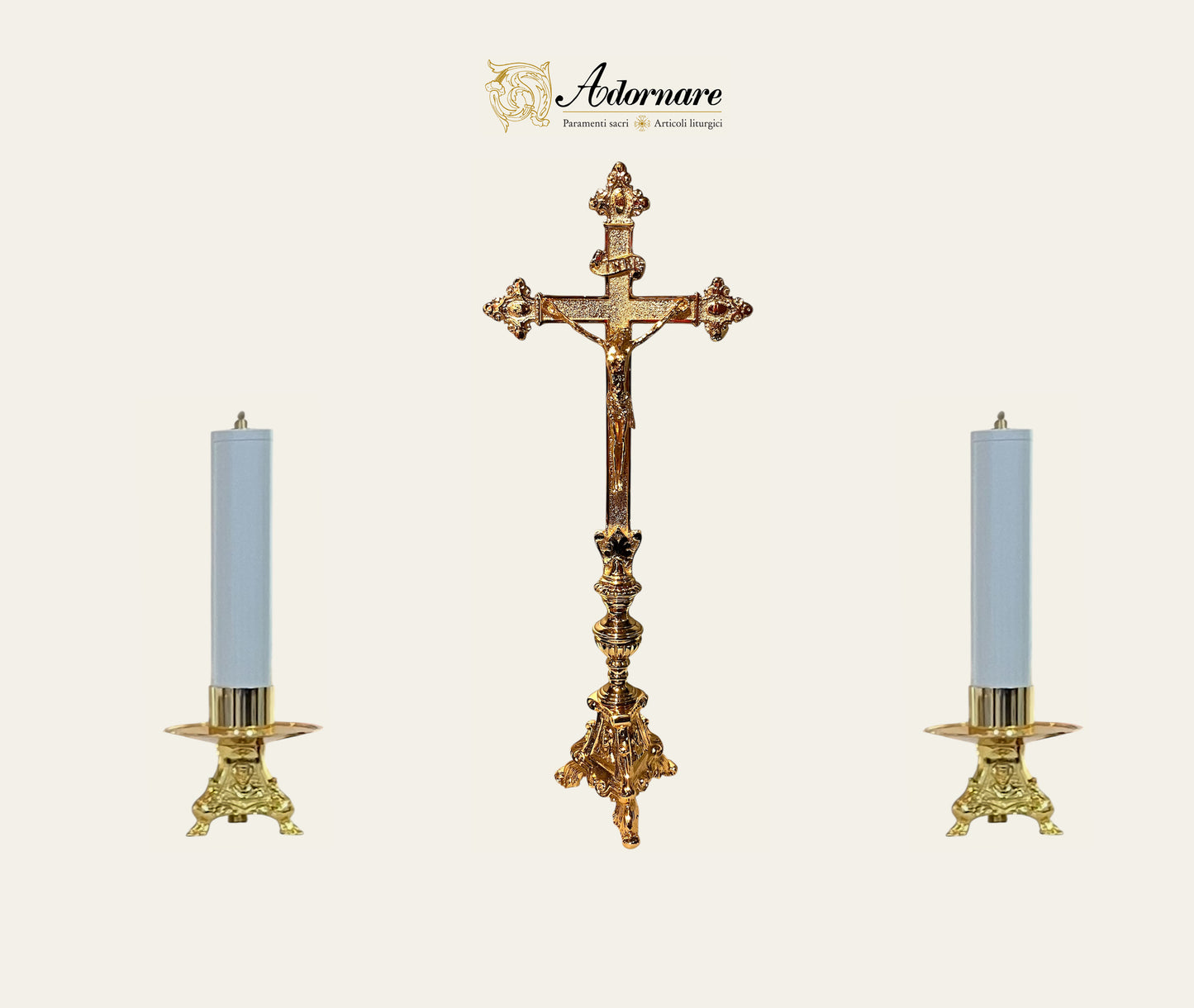 French style Altar Crucifix and Candlesticks with oil candles, gold-plated brass