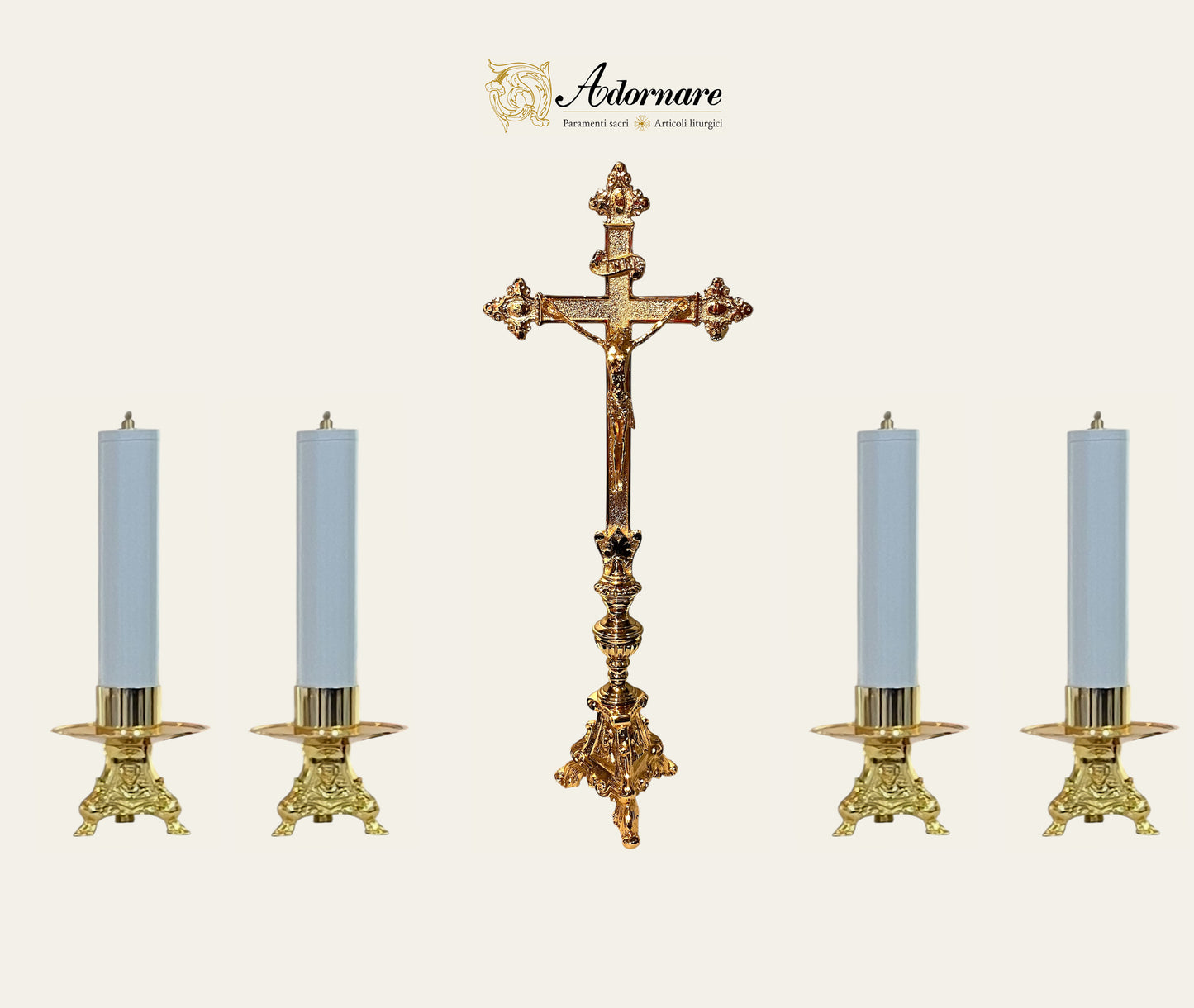 French style Altar Crucifix and Candlesticks with oil candles, gold-plated brass
