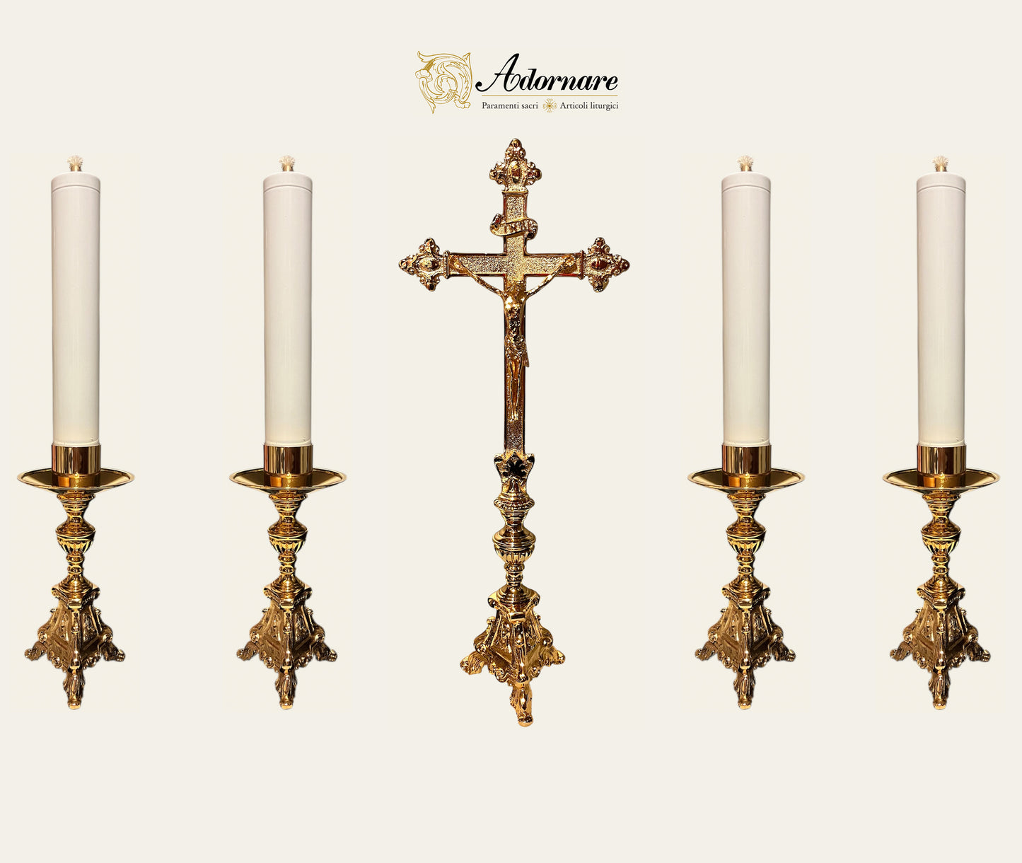 French style Altar Crucifix and Candlesticks with oil candles, gold-plated brass