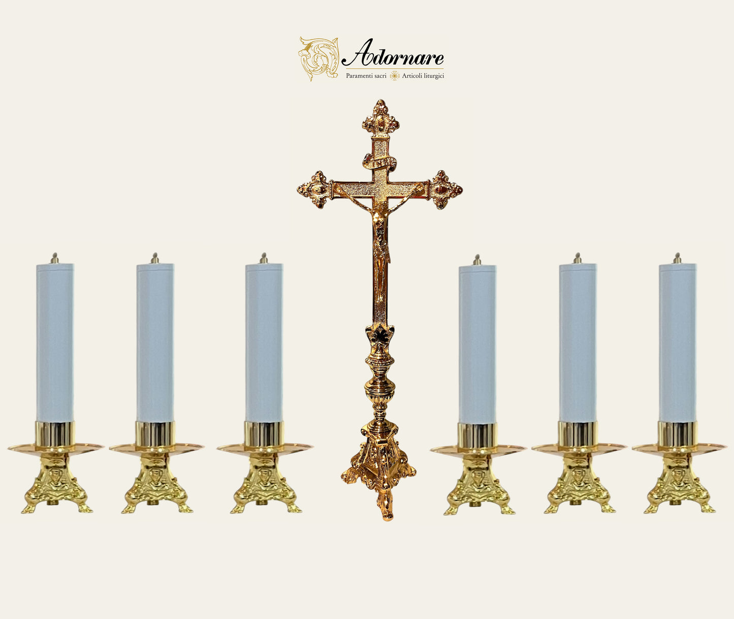 French style Altar Crucifix and Candlesticks with oil candles, gold-plated brass