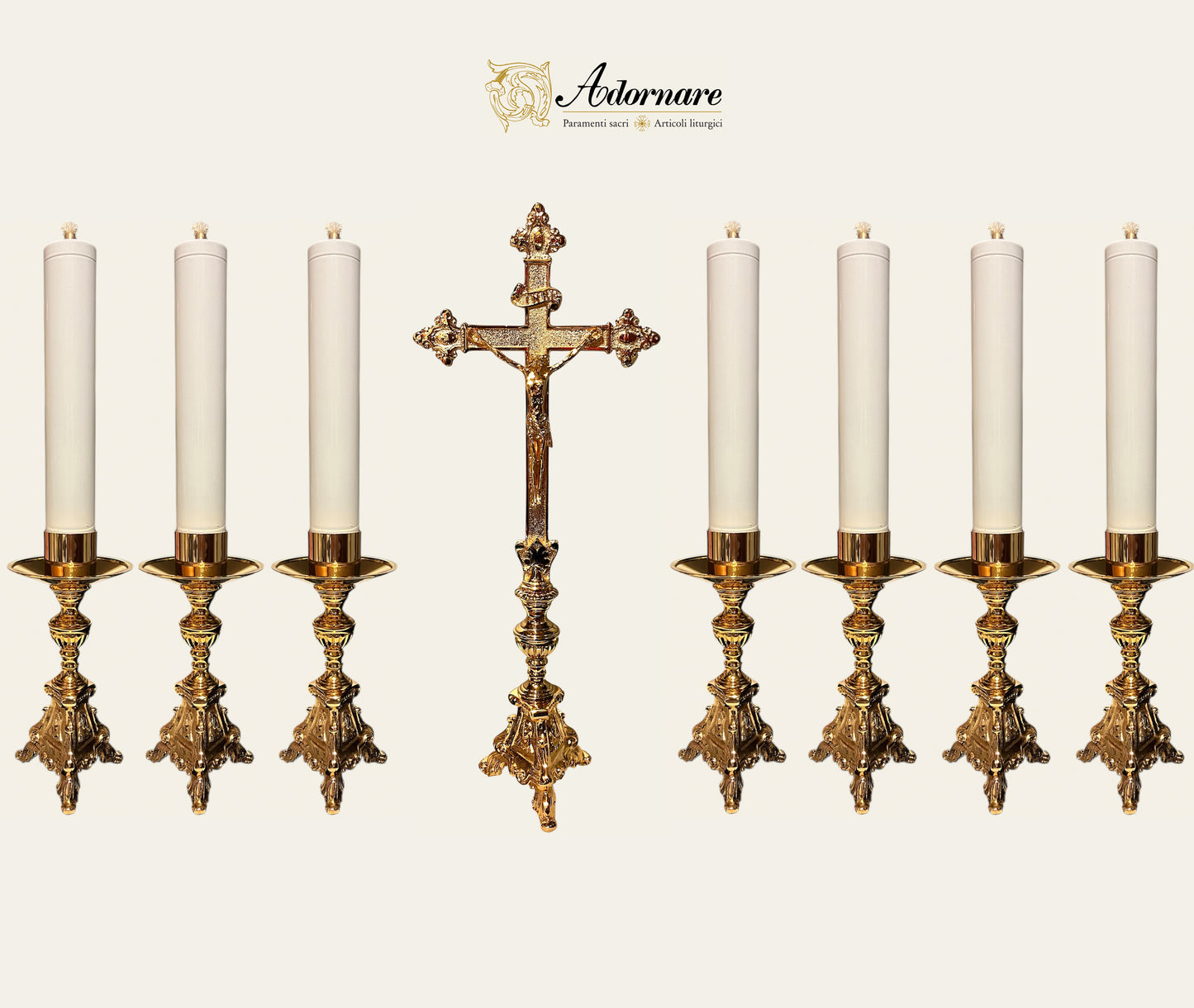 French style Altar Crucifix and Candlesticks with oil candles, gold-plated brass