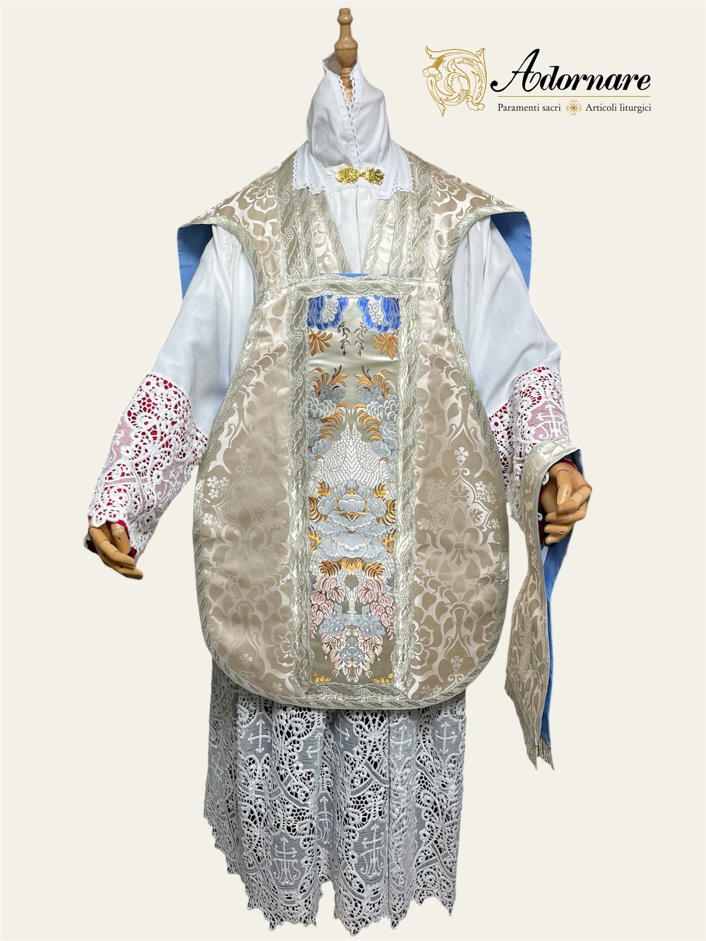French Damask Roman Chasuble with brocade panels - Low Mass Set / Pianeta Francese Damasco con inserti in broccato