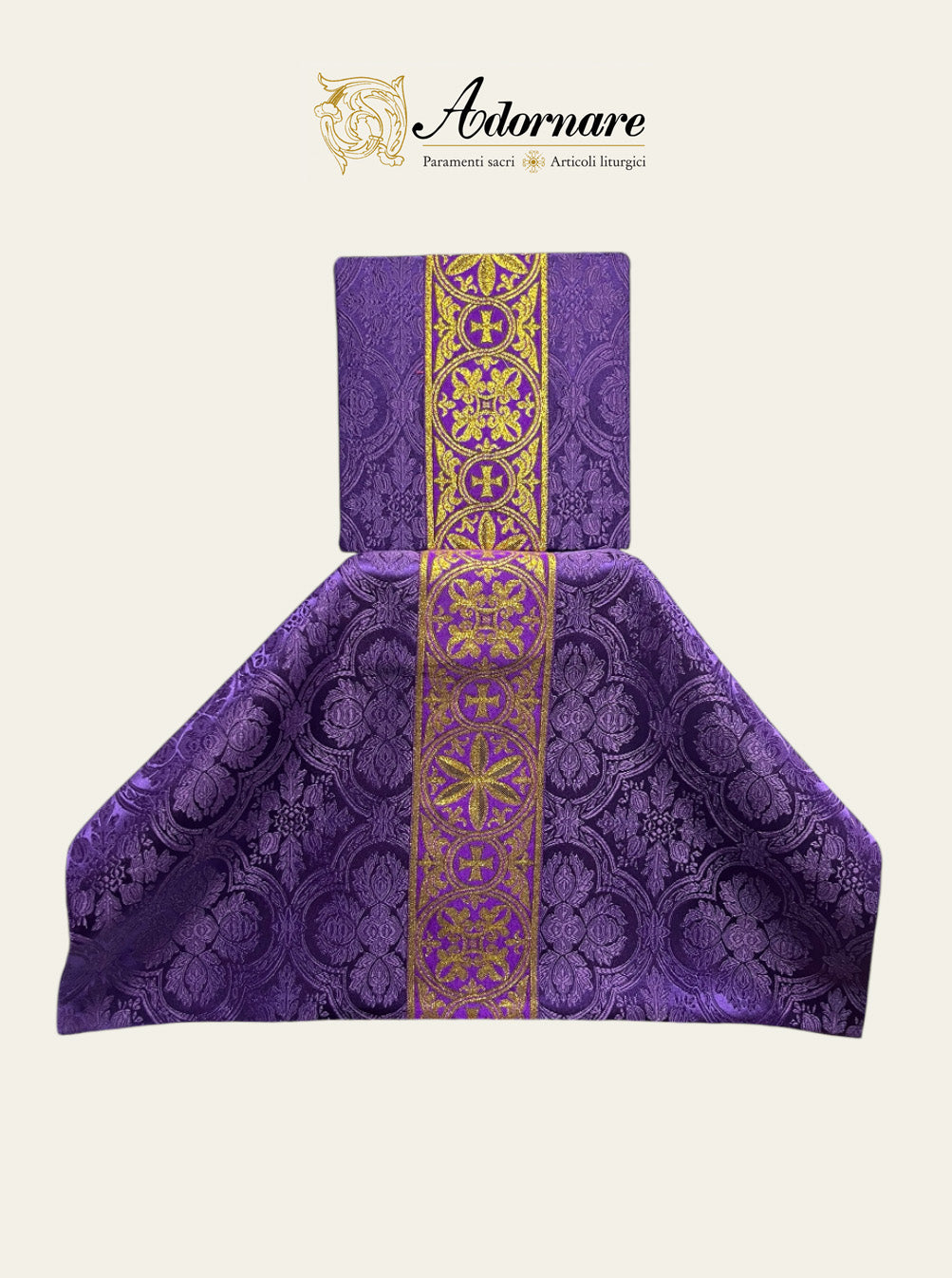 Polyester cross damask gothic chasuble with woven Y-orphrey bands / Casula gotica damasco poliestere