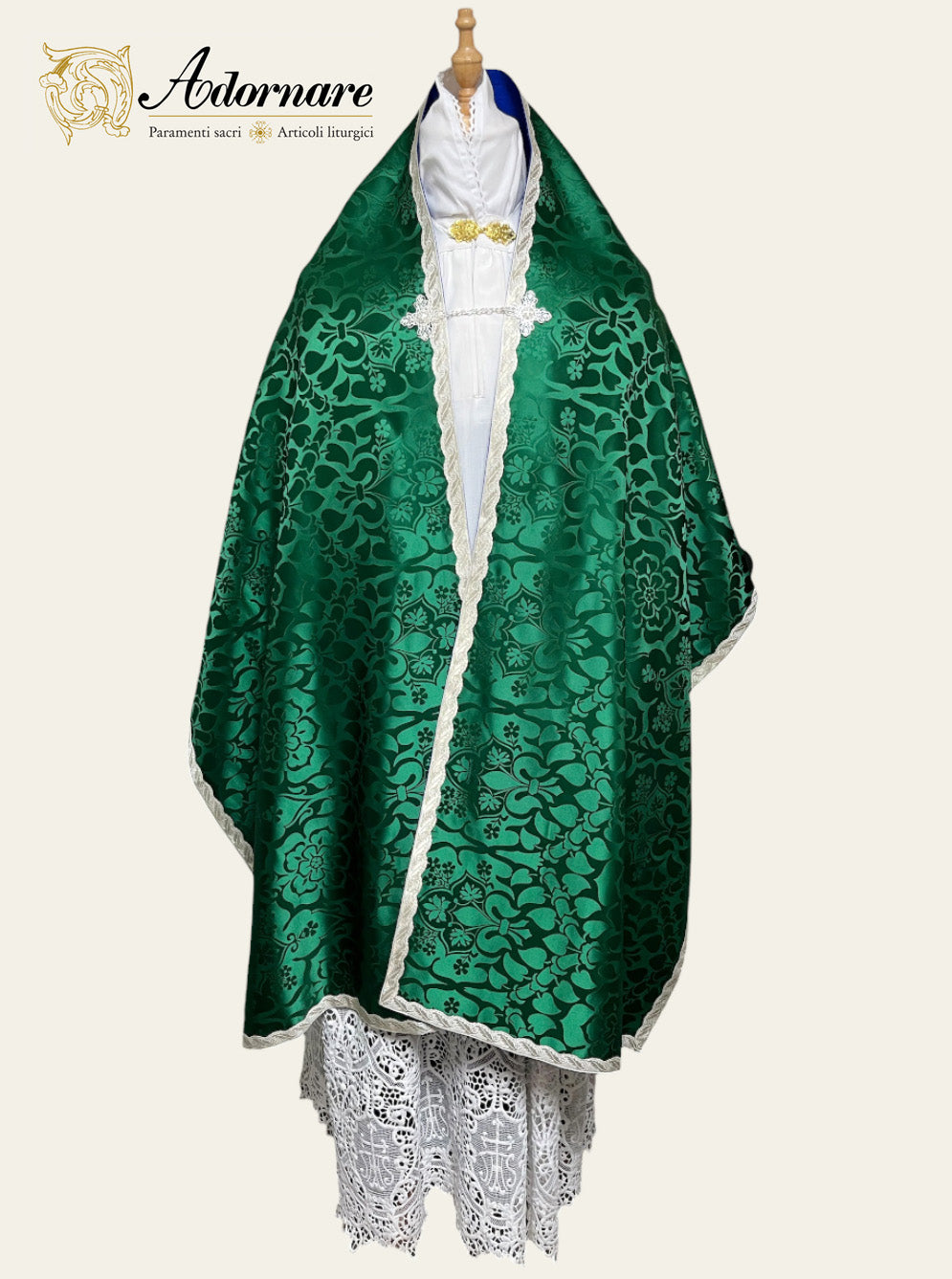 Roman-style Damask Humeral veil with sunburst IHS embroidery (Silver embroidery) / Velo Omerale Damasco ricamato con simbolo IHS (Ricamato in argento)