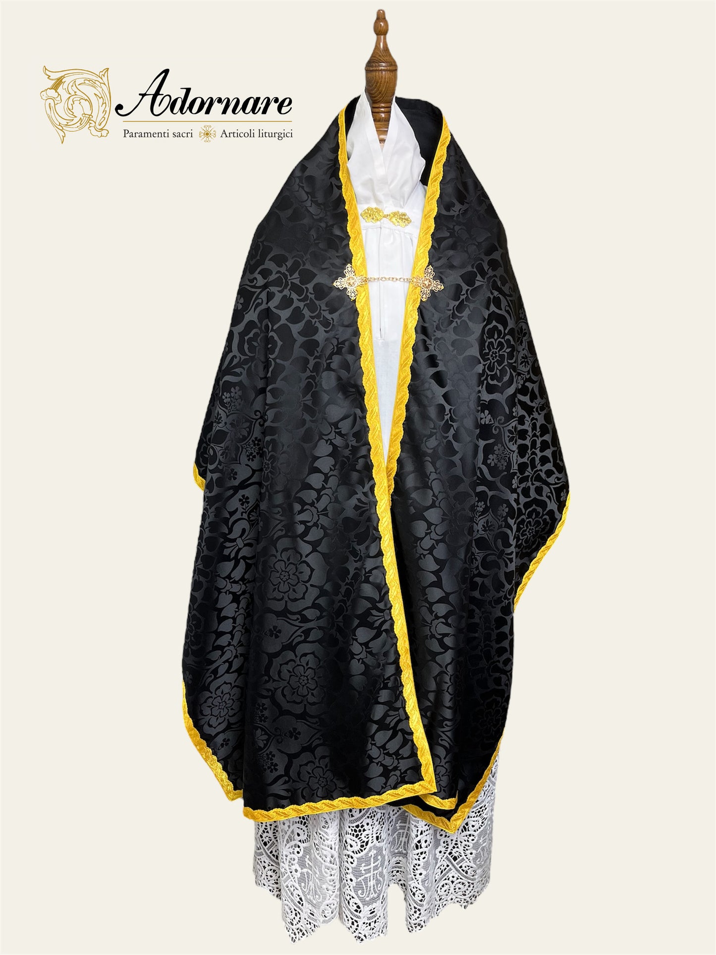 (For Dominican rite) Black roman-style Damask Humeral veil with sunburst IHS embroidery