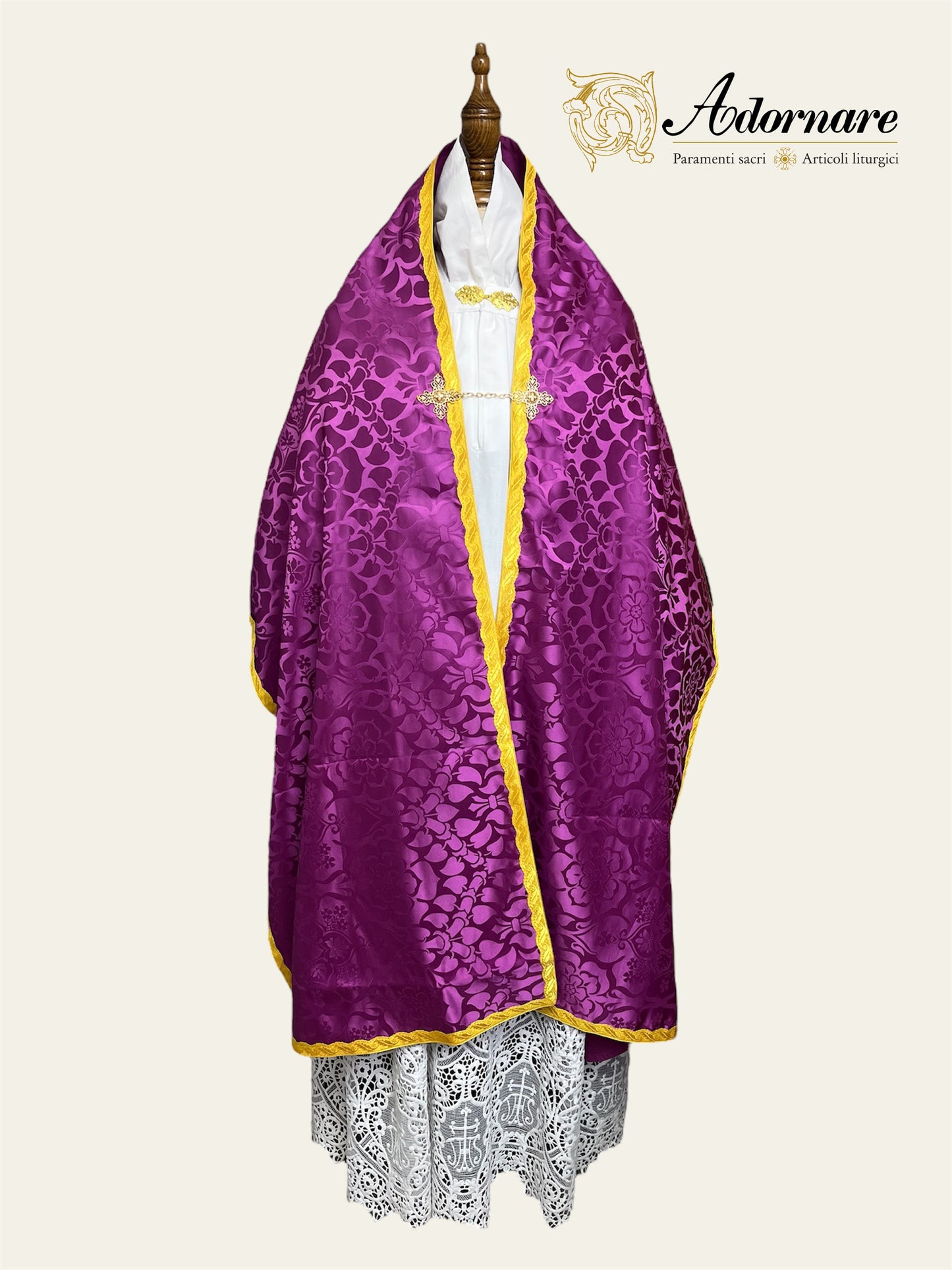 Roman-style Damask Humeral veil with sunburst IHS embroidery (All colours) / Velo Omerale Damasco ricamato con simbolo IHS