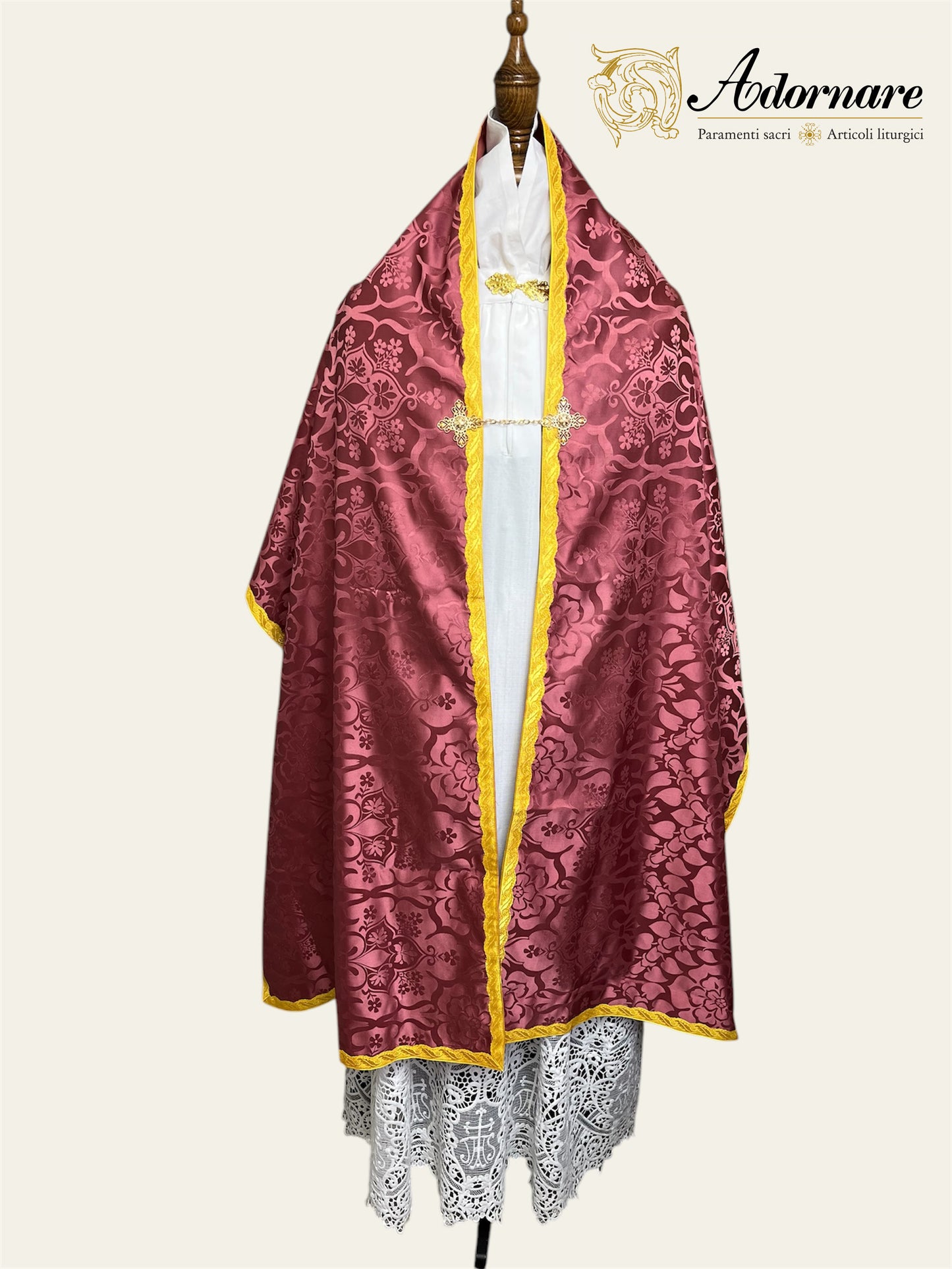 Roman-style Damask Humeral veil with sunburst IHS embroidery (All colours) / Velo Omerale Damasco ricamato con simbolo IHS