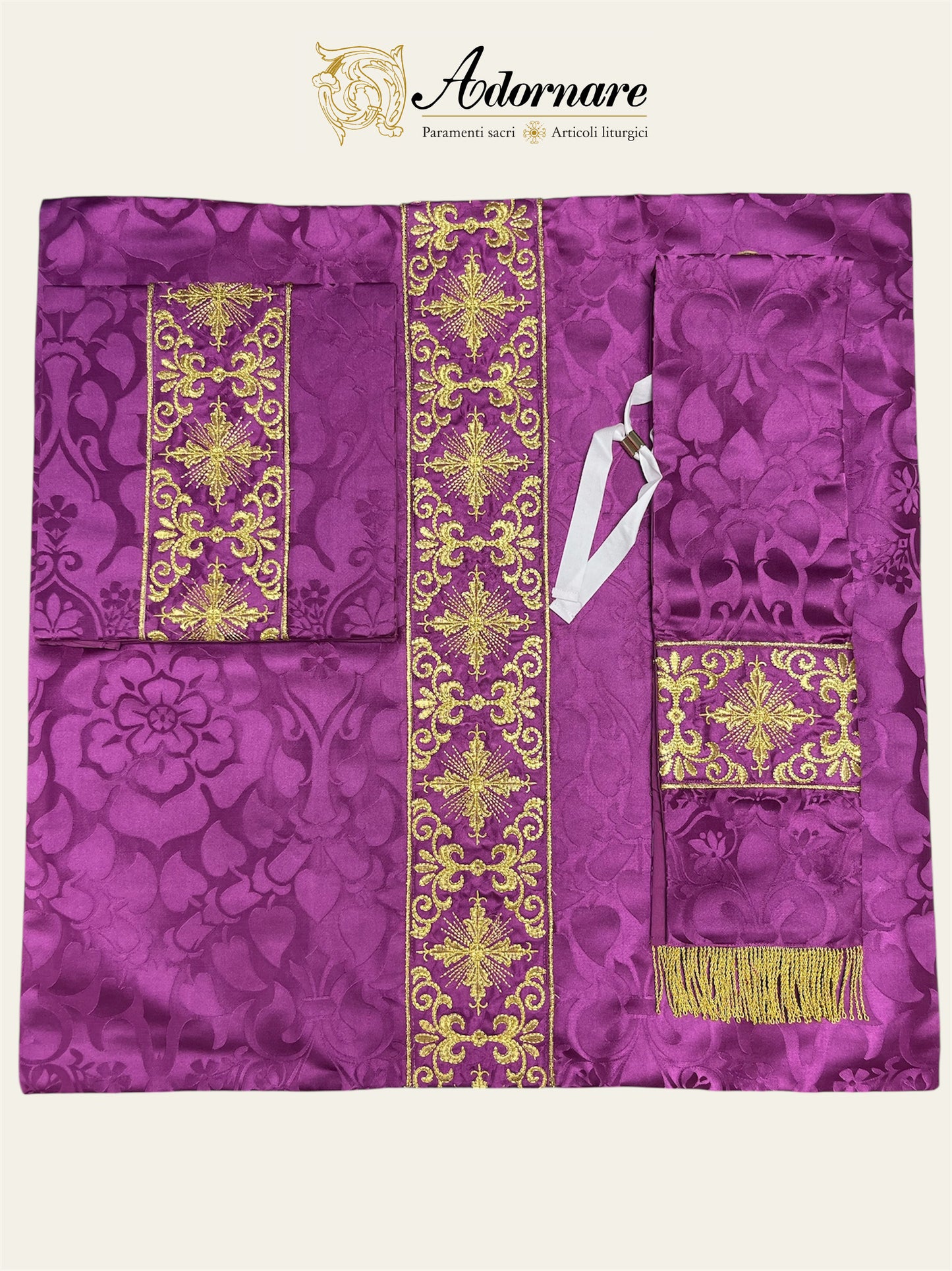 Semi-gothic chasuble with embroidered ornate cross Y-orphrey and IHS appliqué - Low Mass Set / Casula semi-gotica Damasco ricamato a macchina