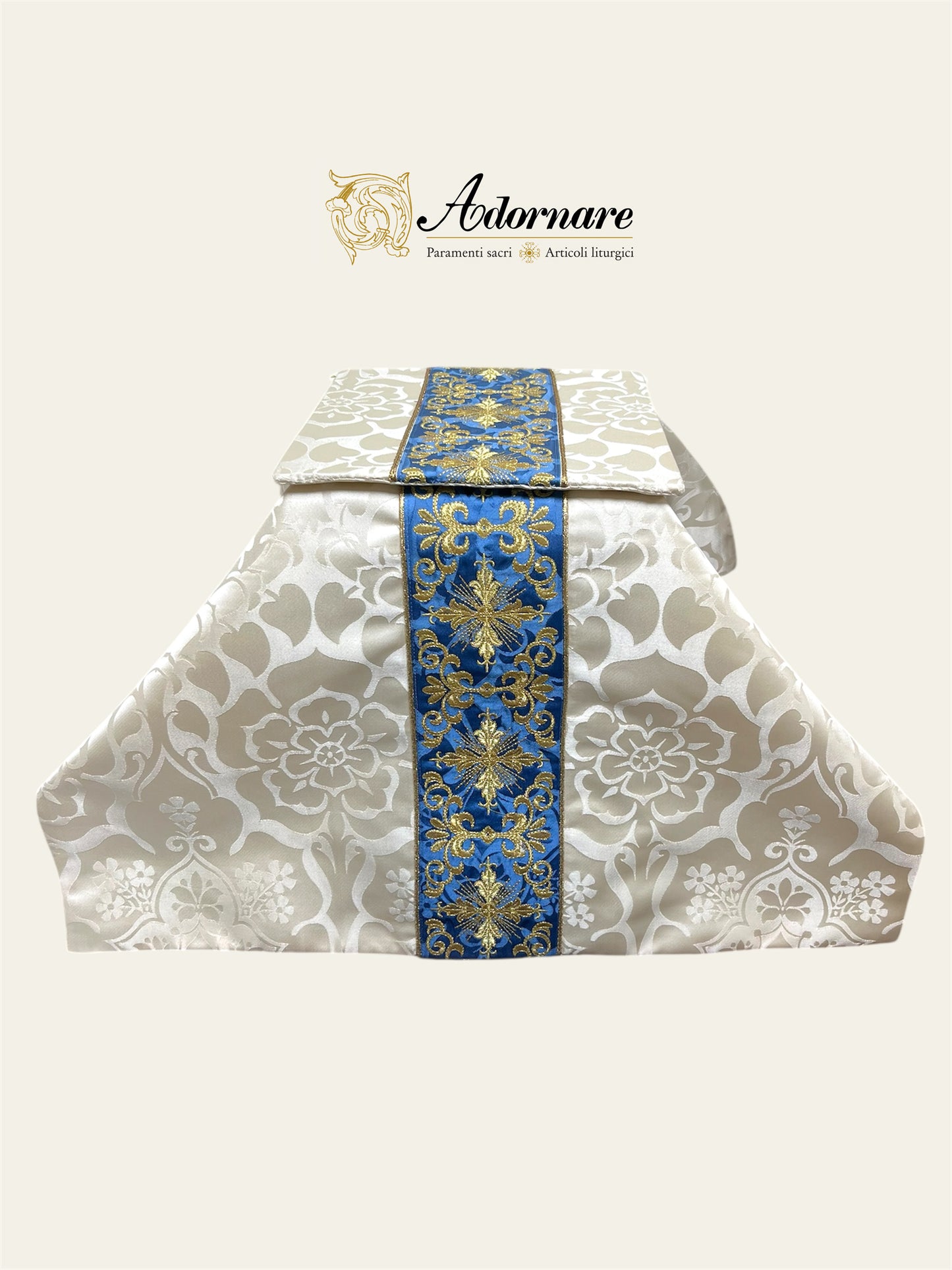 Marian Semi-gothic chasuble with embroidered ornate cross Y-orphrey and appliqué - Low Mass Set / Casula semi-gotica "Mariana" Damasco ricamato a macchina