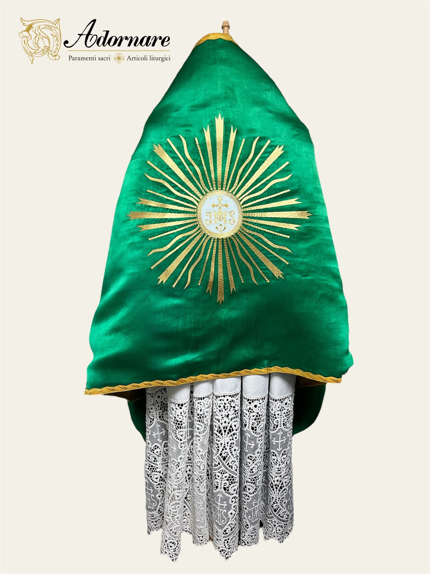 Green silk Roman-style Humeral Veil with embroidered eucharistic symbol
