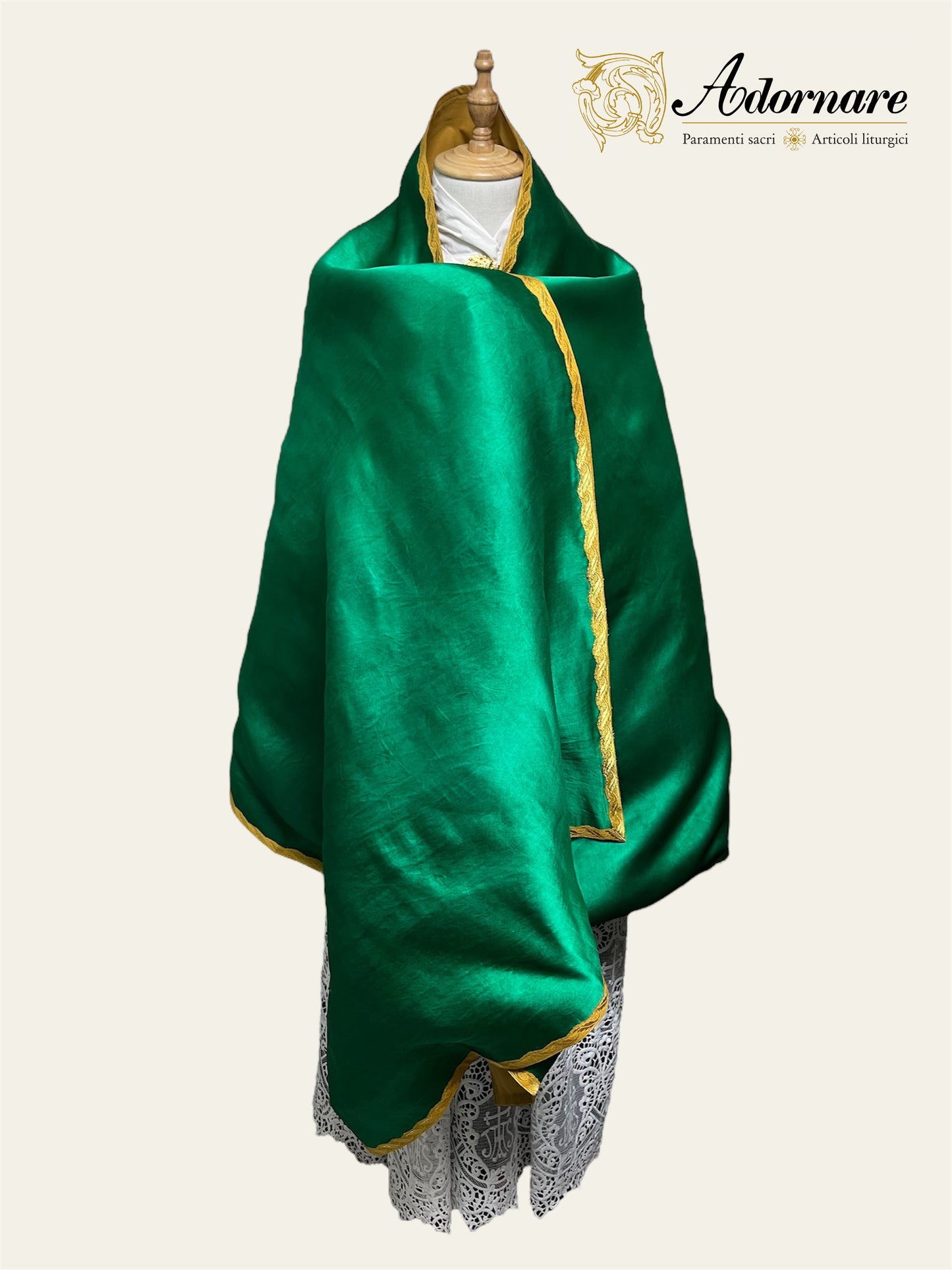 Green silk Roman-style Humeral Veil with embroidered eucharistic symbol