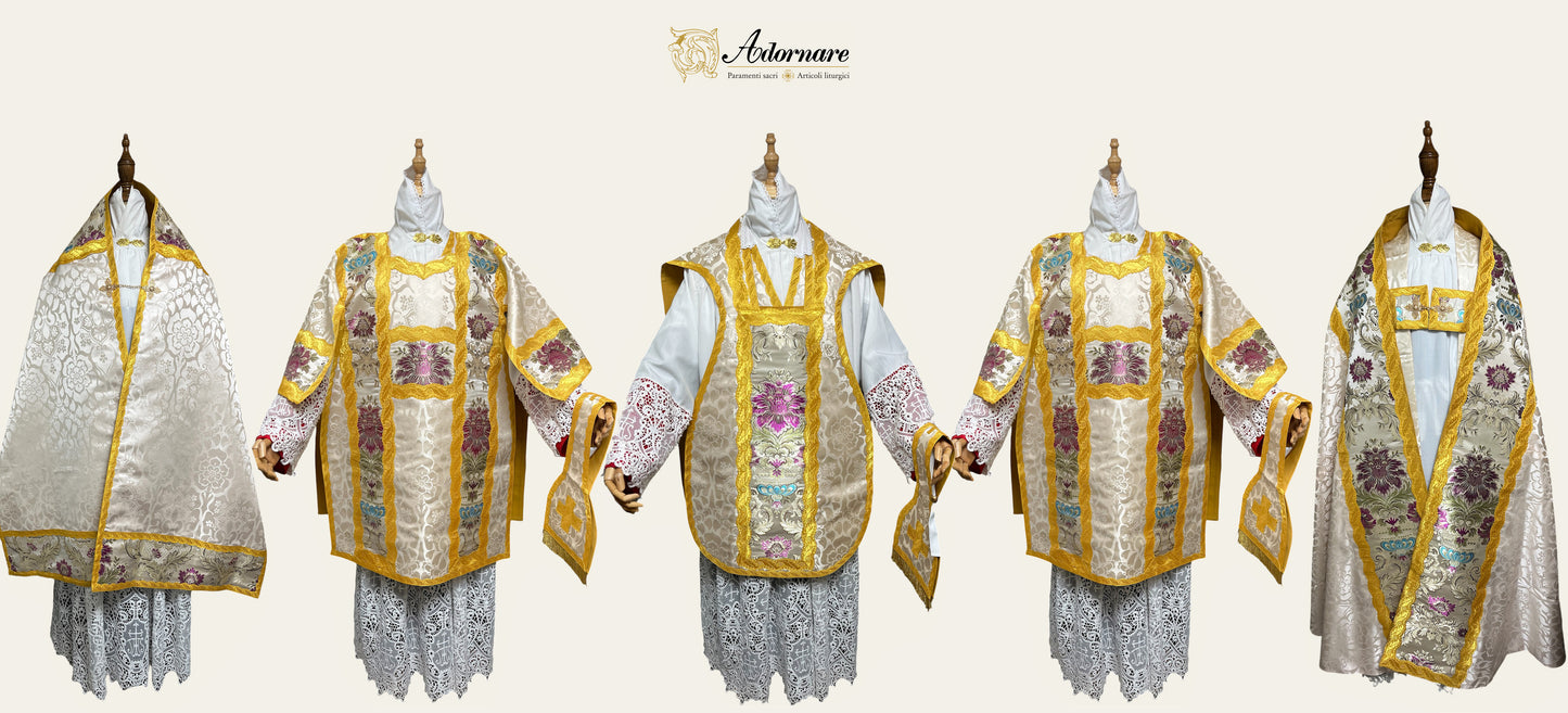 French Solemn Mass Set in damask with brocade insert panels