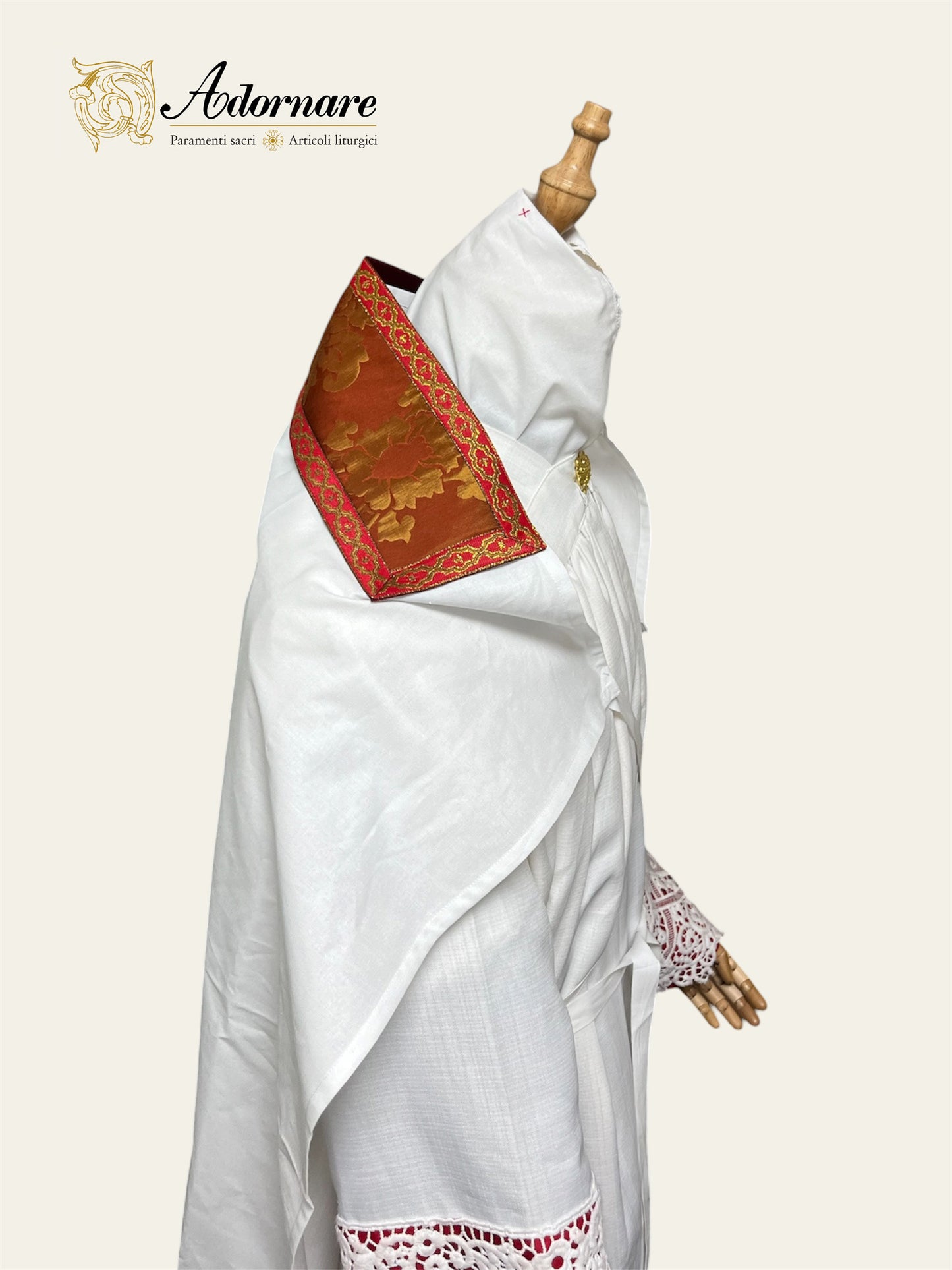 Semi-gothic chasuble with customised silk damask insert orphrey bands in a set with apparelled amice and alb