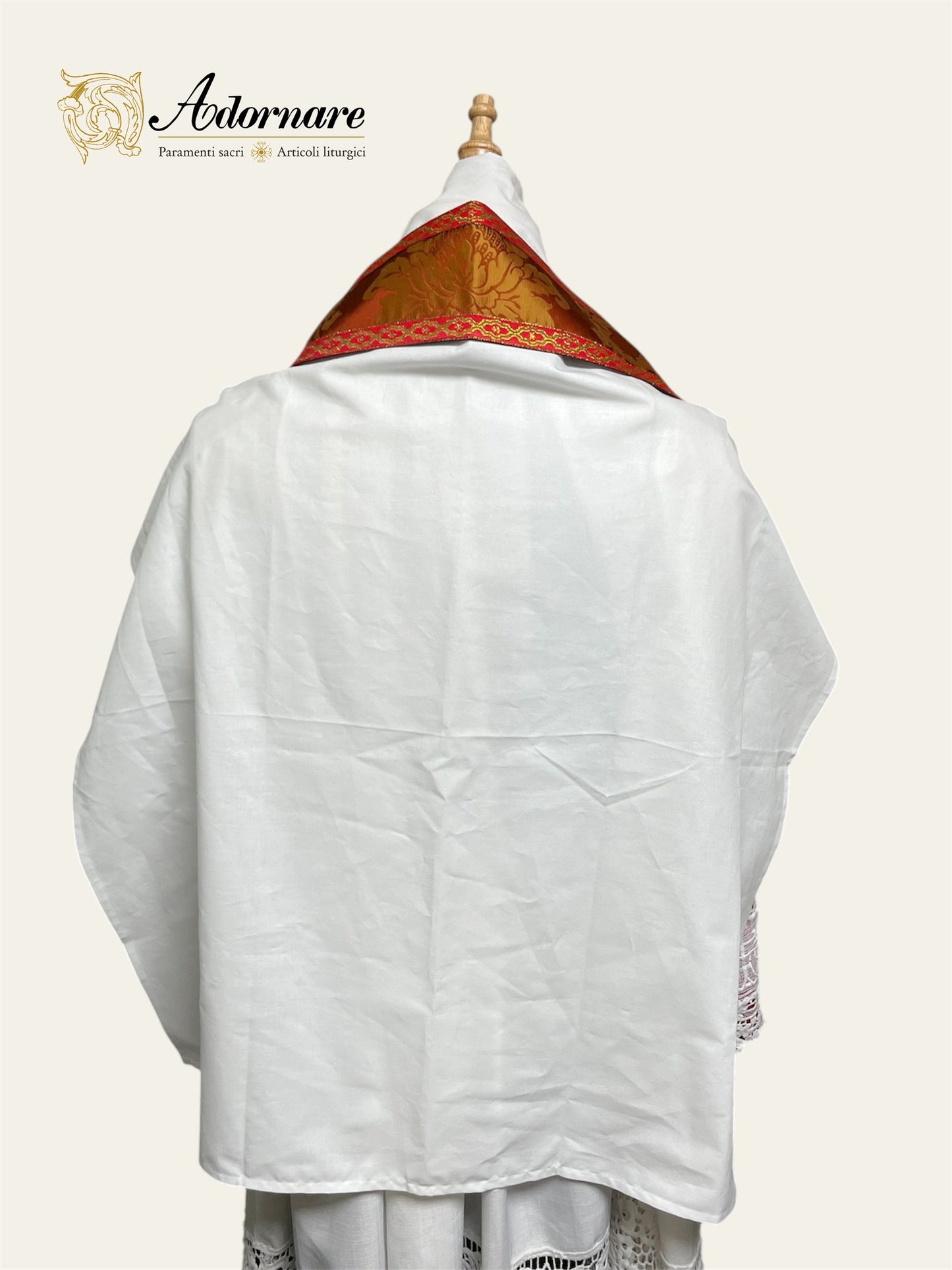 Semi-gothic chasuble with customised silk damask insert orphrey bands in a set with apparelled amice and alb