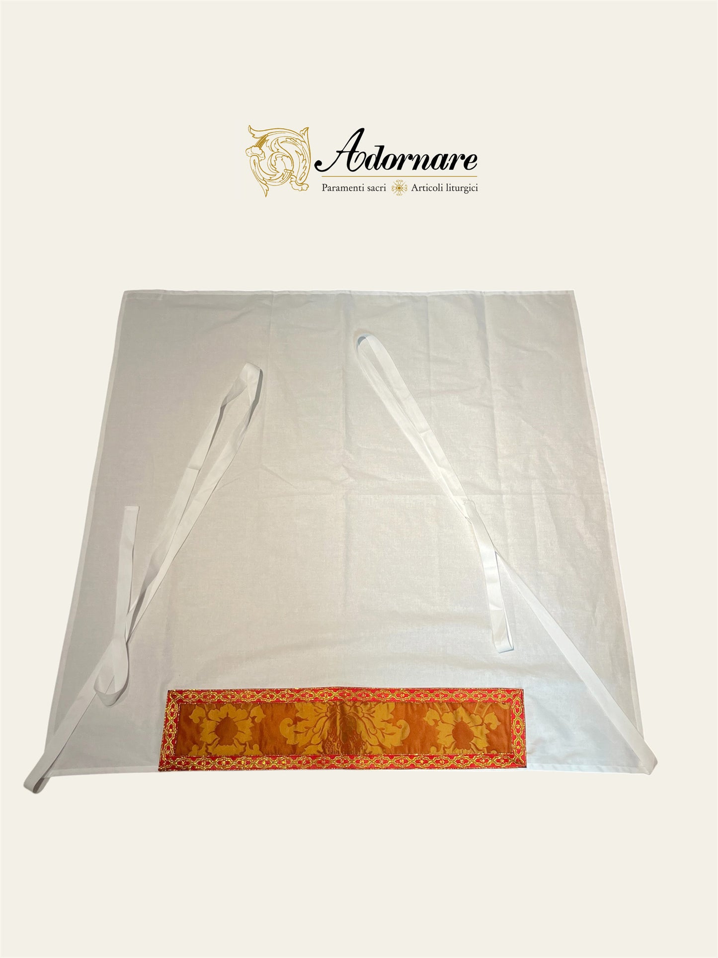 Semi-gothic chasuble with customised silk damask insert orphrey bands in a set with apparelled amice and alb
