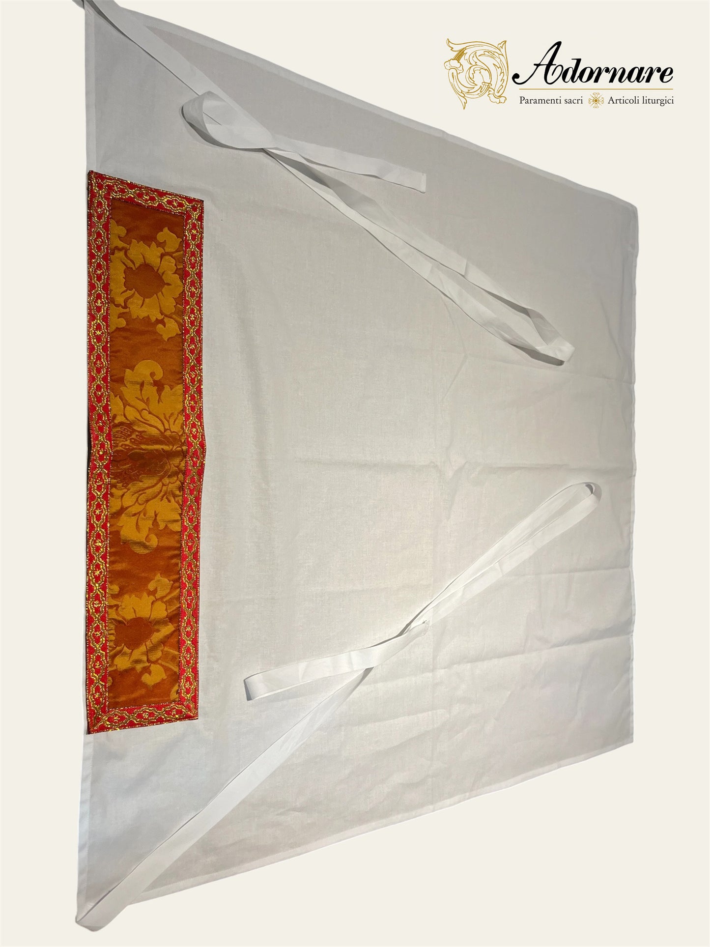 Semi-gothic chasuble with customised silk damask insert orphrey bands in a set with apparelled amice and alb