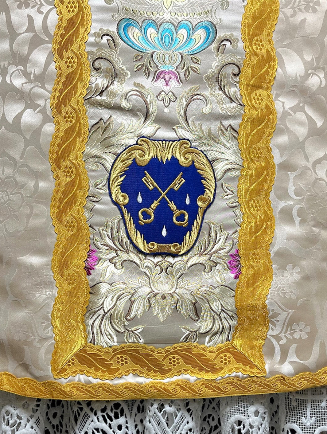 Custom vestments with embroidered FSSP emblem - Other custom emblems and stemma/coat of arms can also be realised
