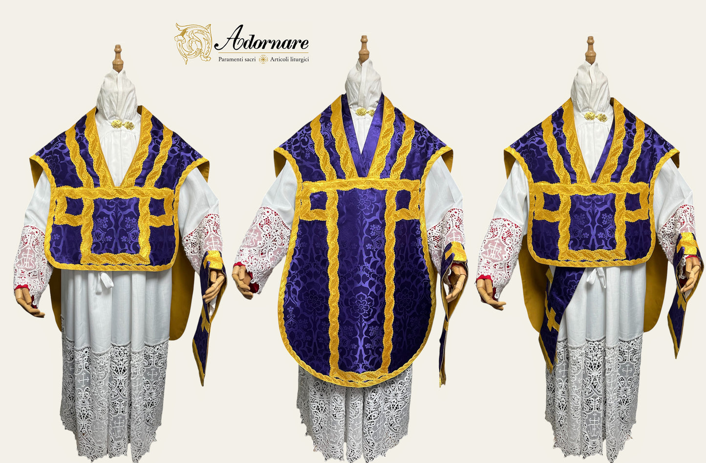 Damask Folded chasubles & broad stole Solemn Mass Set in Italian Roman Style /Pianete Plicate e Stolone Romano Damasco
