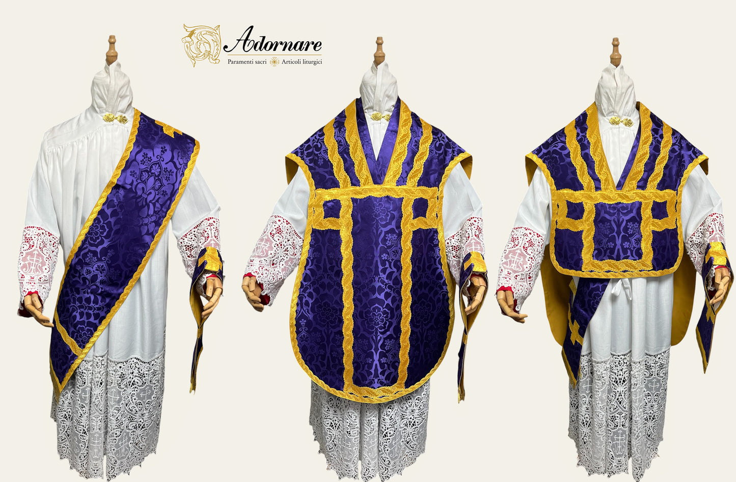 Damask Folded chasubles & broad stole Solemn Mass Set in Italian Roman Style /Pianete Plicate e Stolone Romano Damasco