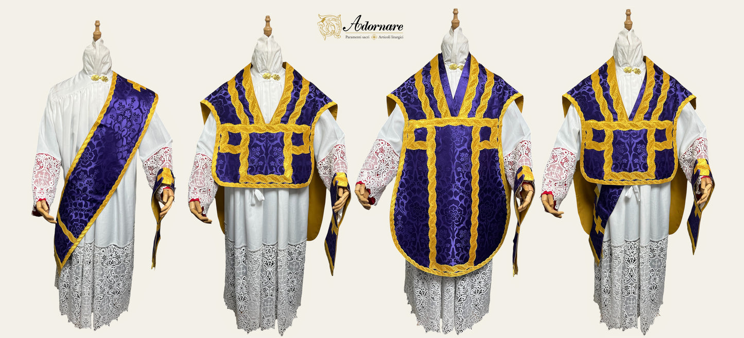 Damask Folded chasubles & broad stole Solemn Mass Set in Italian Roman Style /Pianete Plicate e Stolone Romano Damasco