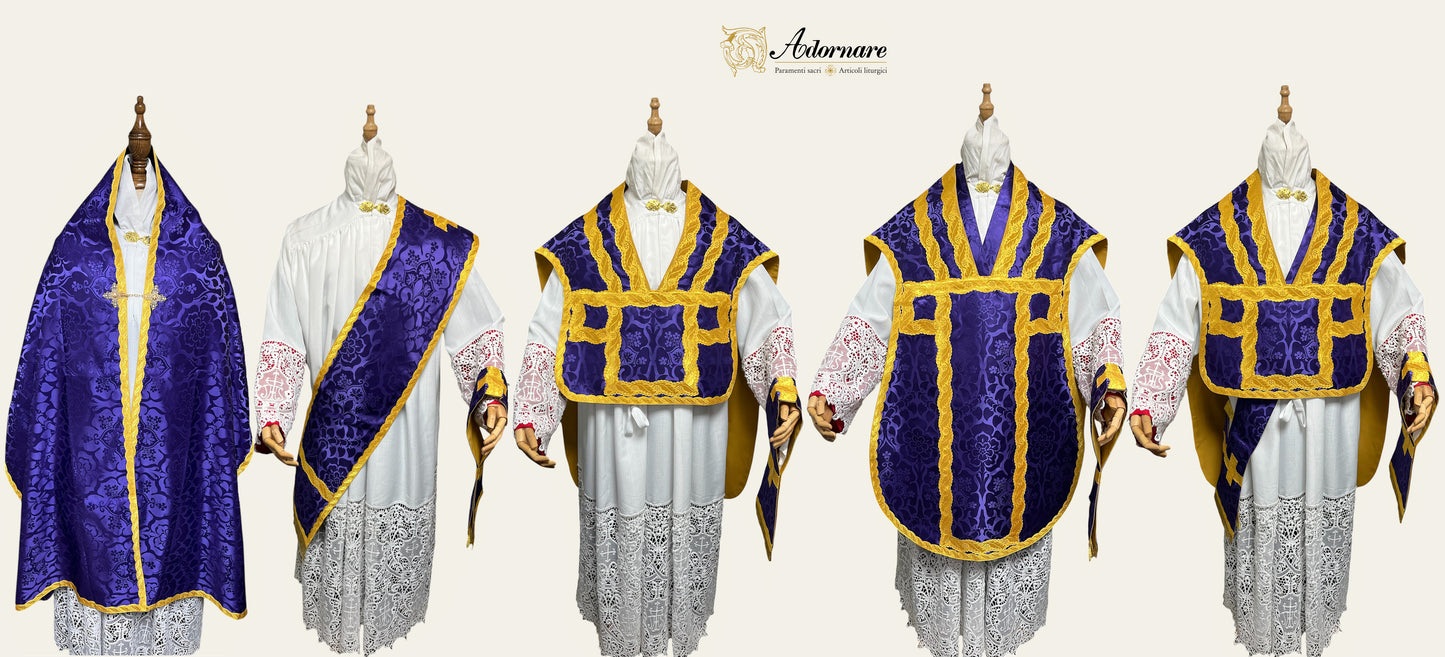 Damask Folded chasubles & broad stole Solemn Mass Set in Italian Roman Style /Pianete Plicate e Stolone Romano Damasco