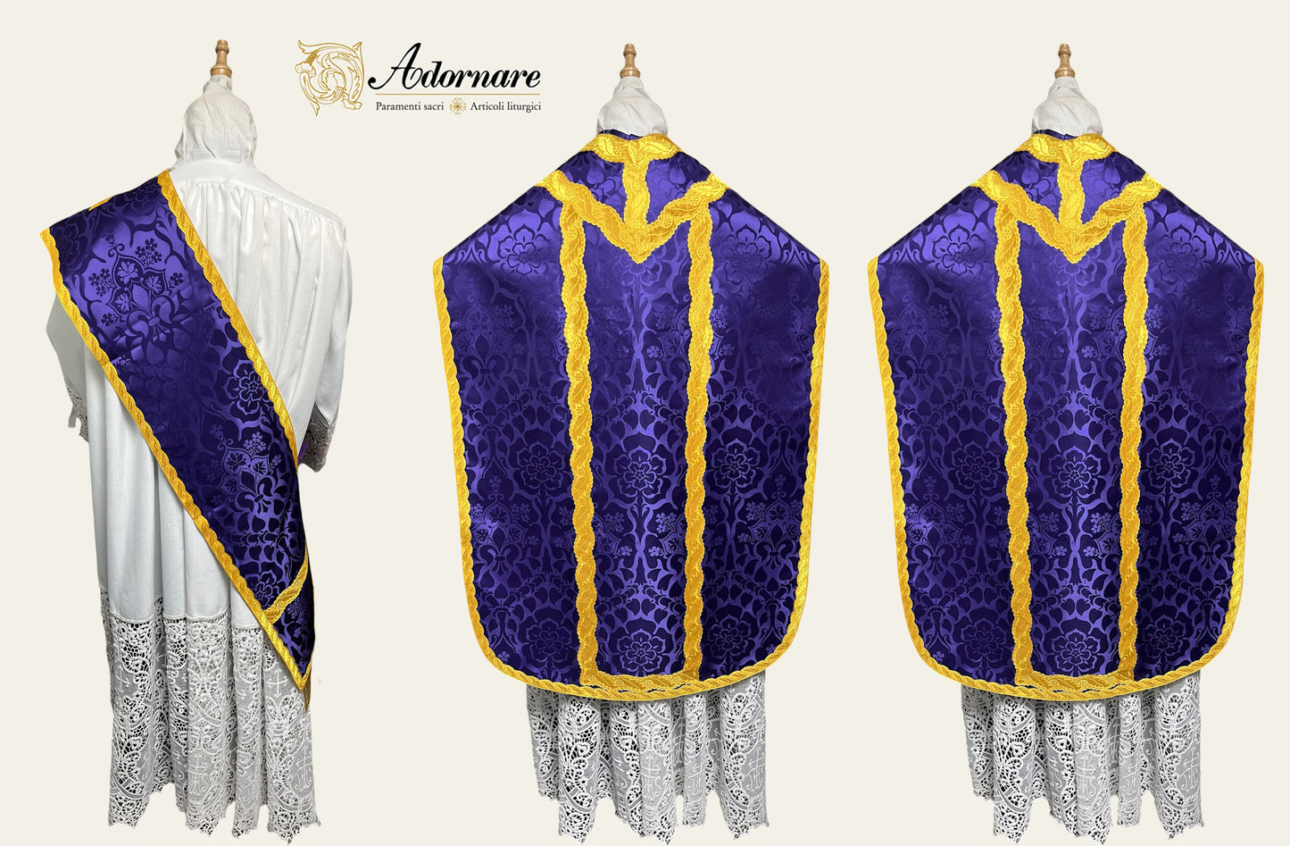 Damask Folded chasubles & broad stole Solemn Mass Set in Italian Roman Style /Pianete Plicate e Stolone Romano Damasco