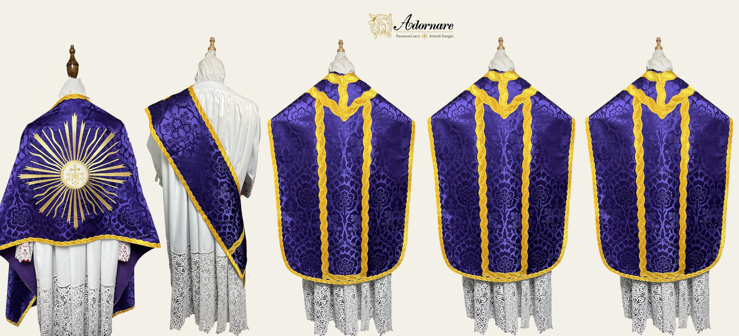 Damask Folded chasubles & broad stole Solemn Mass Set in Italian Roman Style /Pianete Plicate e Stolone Romano Damasco