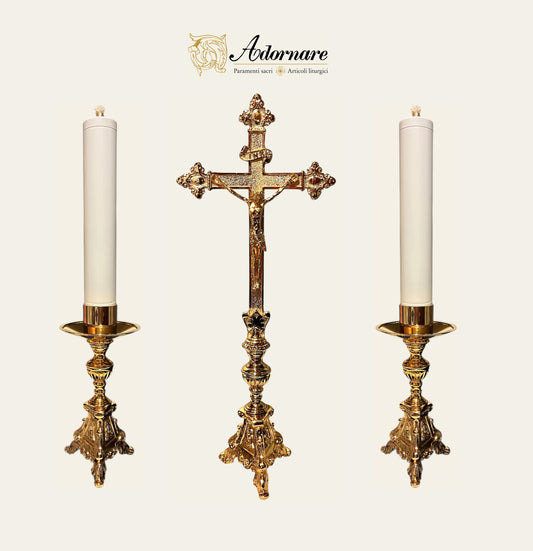 French style Altar Crucifix and Candlesticks with oil candles, gold-plated brass
