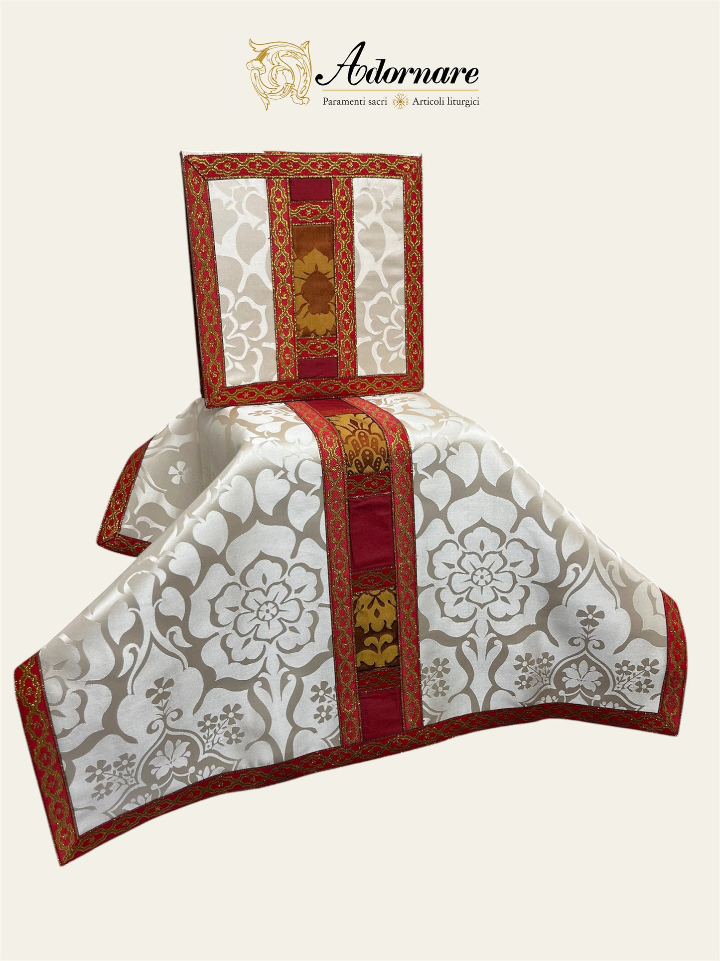 Semi-gothic chasuble with customised silk damask insert orphrey bands in a set with apparelled amice and alb