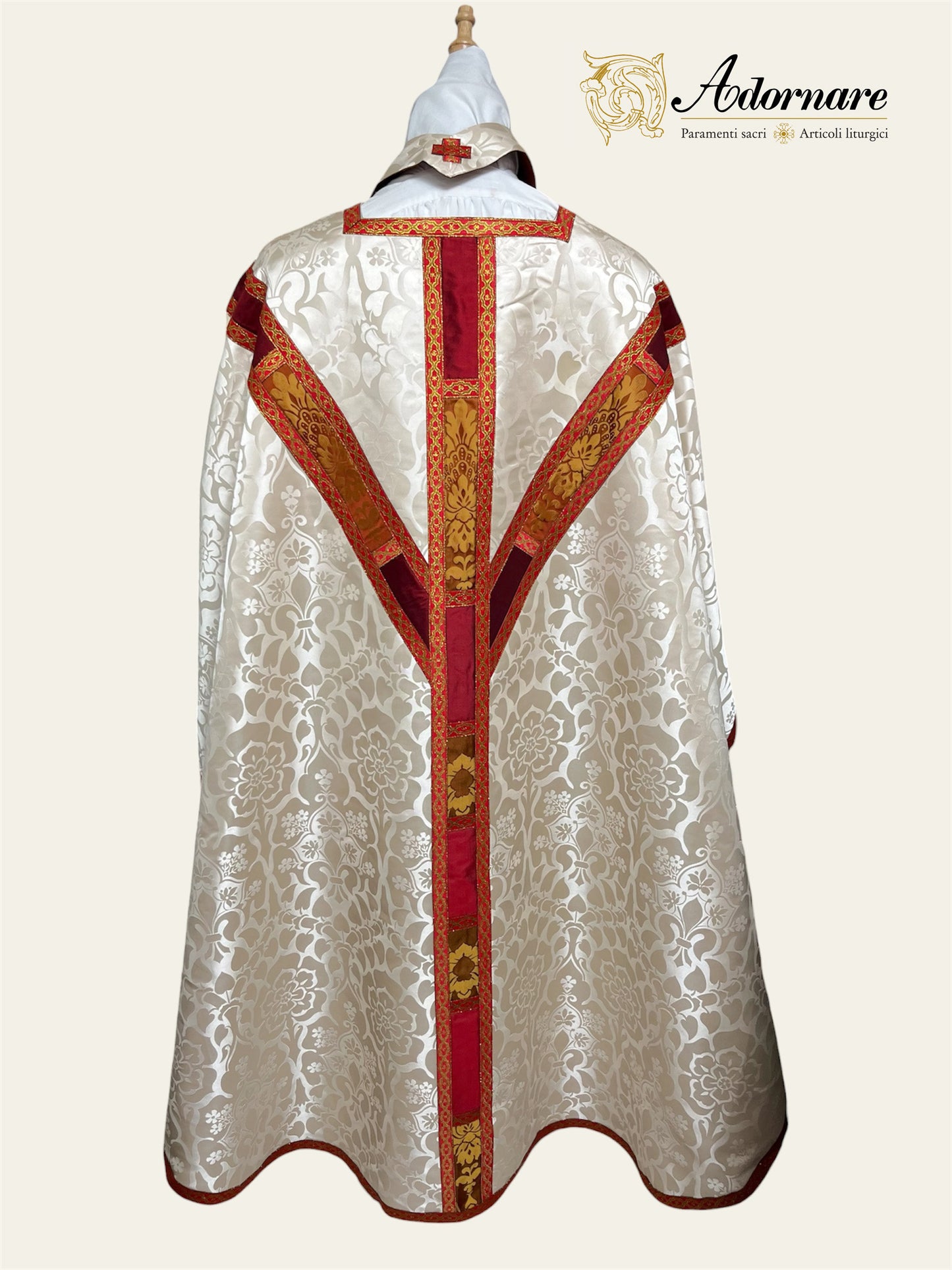 Semi-gothic chasuble with customised silk damask insert orphrey bands in a set with apparelled amice and alb