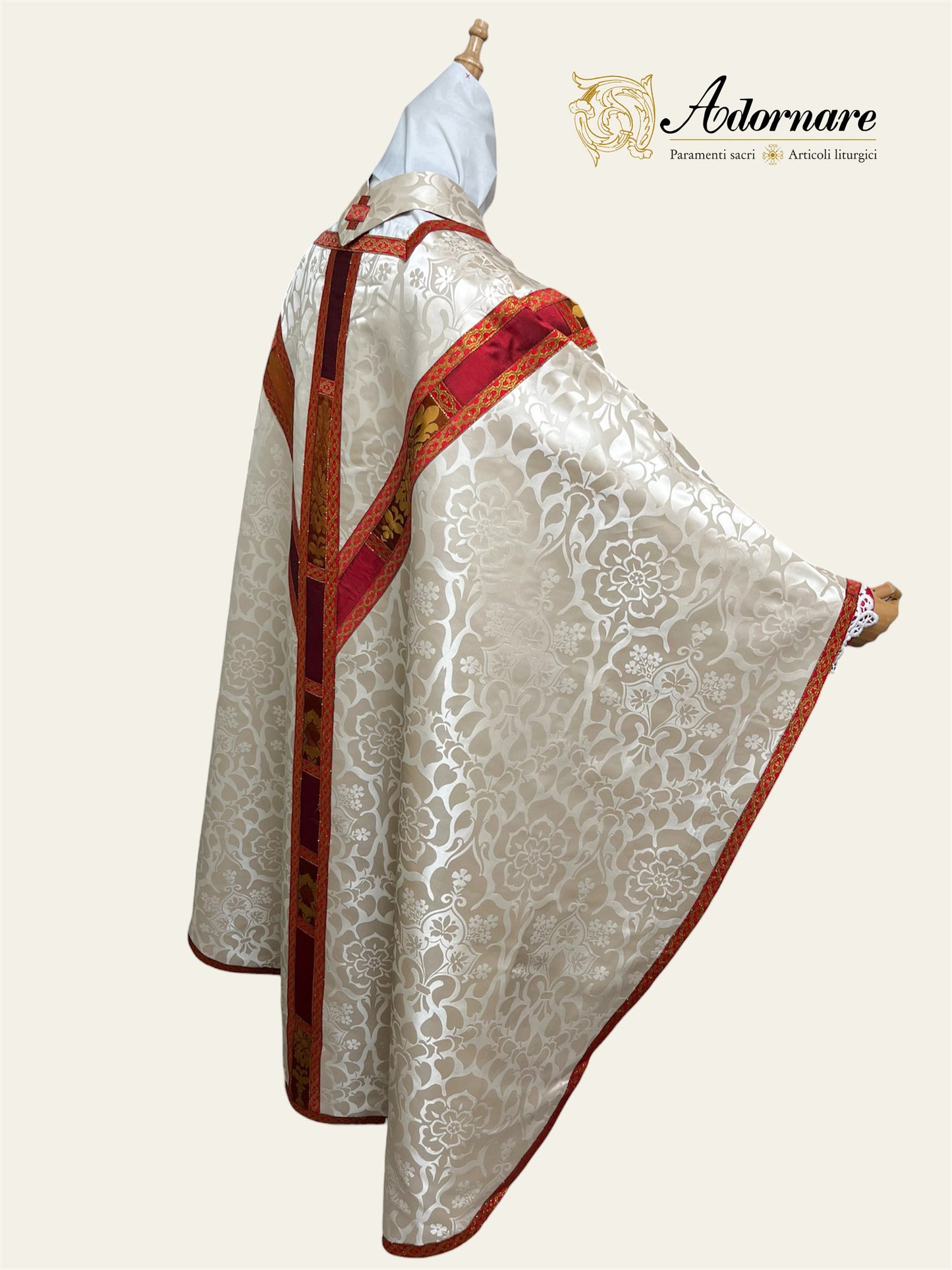 Semi-gothic chasuble with customised silk damask insert orphrey bands in a set with apparelled amice and alb