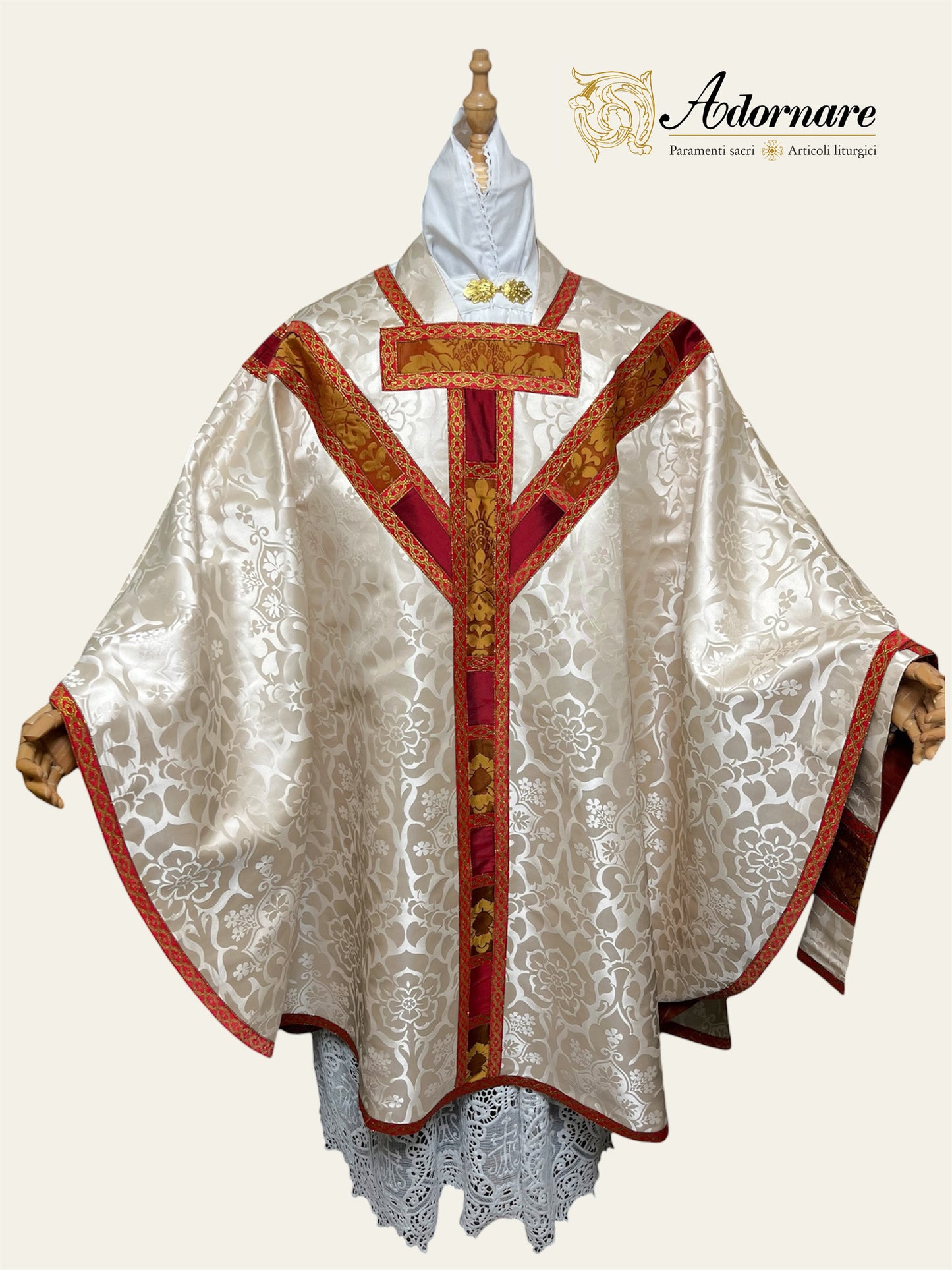 Semi-gothic chasuble with customised silk damask insert orphrey bands in a set with apparelled amice and alb