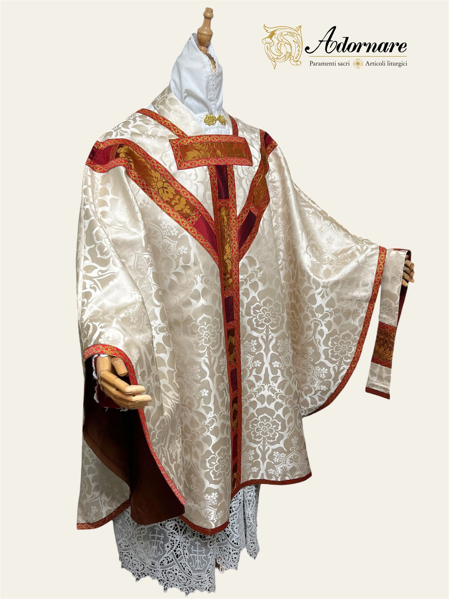 Semi-gothic chasuble with customised silk damask insert orphrey bands in a set with apparelled amice and alb