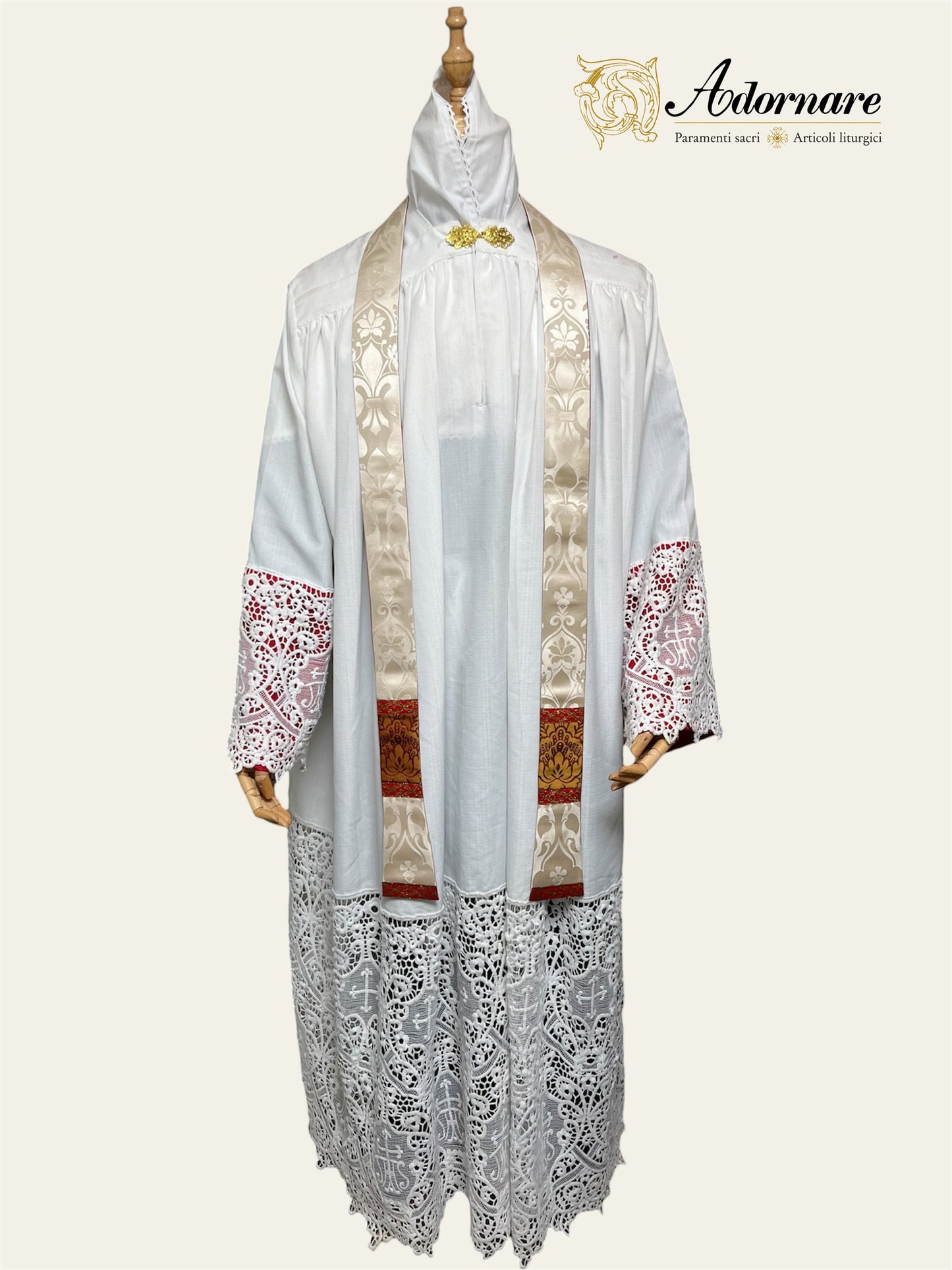 Semi-gothic chasuble with customised silk damask insert orphrey bands in a set with apparelled amice and alb