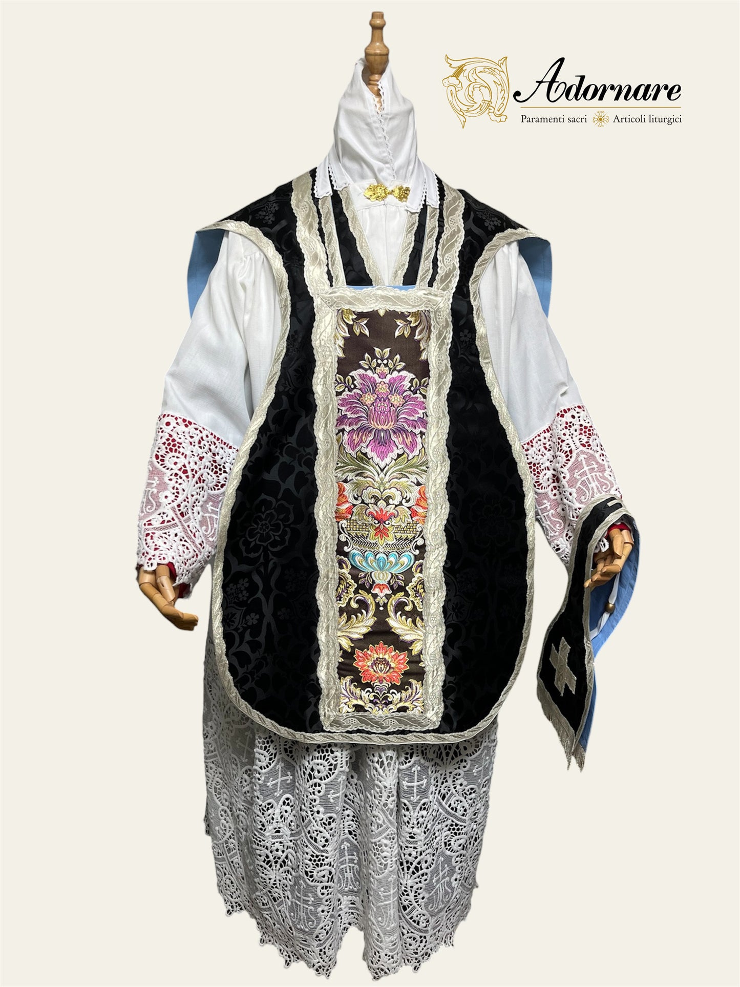 French Damask Roman Chasuble with brocade panels - Low Mass Set / Pianeta Francese Damasco con inserti in broccato