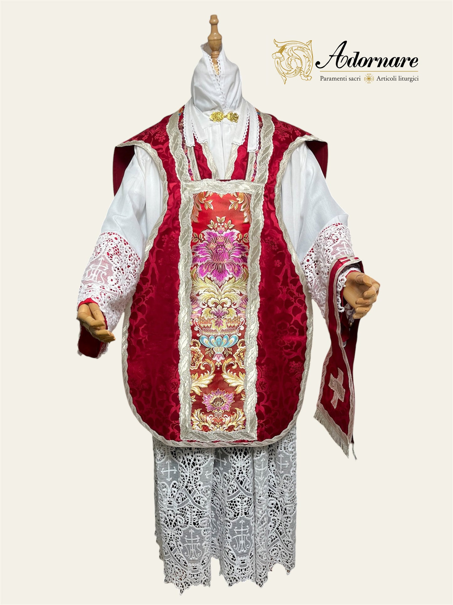French Damask Roman Chasuble with brocade panels - Low Mass Set / Pianeta Francese Damasco con inserti in broccato