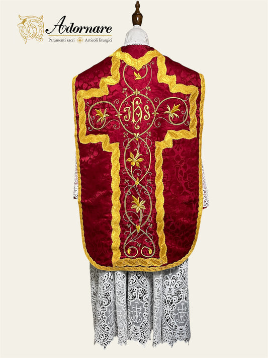 "IHS" Hand-embroidered French-cut Roman Chasuble Low Mass Set / Pianeta Francese "IHS"