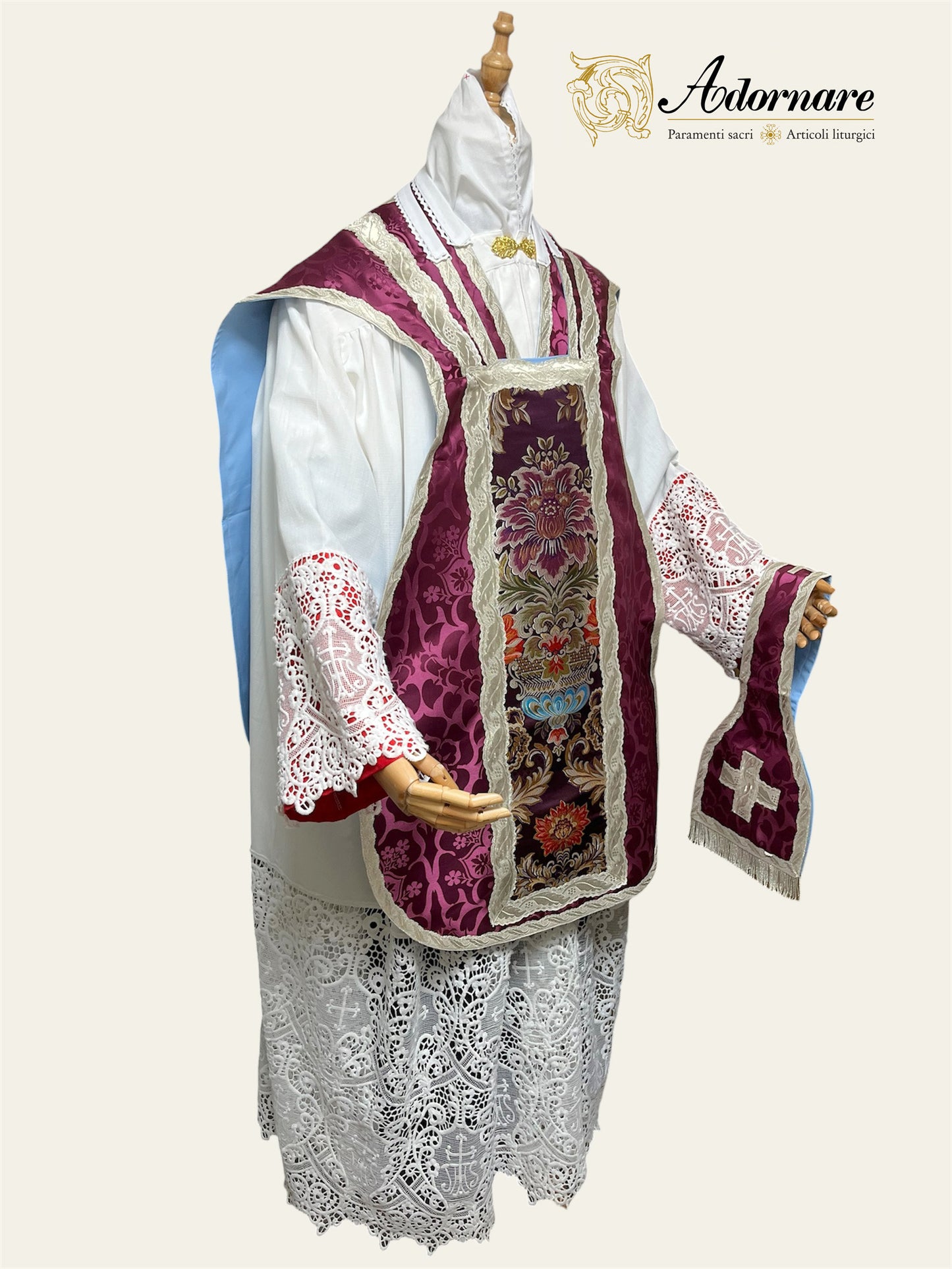 French Damask Roman Chasuble with brocade panels - Low Mass Set / Pianeta Francese Damasco con inserti in broccato
