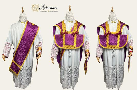 IHS Embroidered Folded chasubles & broad stole Solemn Mass Set in French Roman Style /Pianete Plicate e Stolone Francese Damasco Ricamato "IHS"