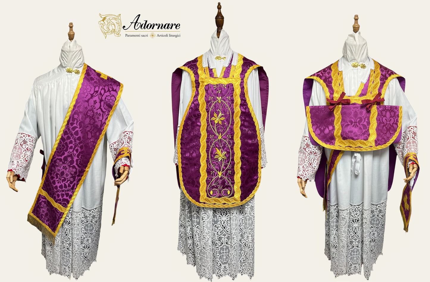 IHS Embroidered Folded chasubles & broad stole Solemn Mass Set in French Roman Style /Pianete Plicate e Stolone Francese Damasco Ricamato "IHS"