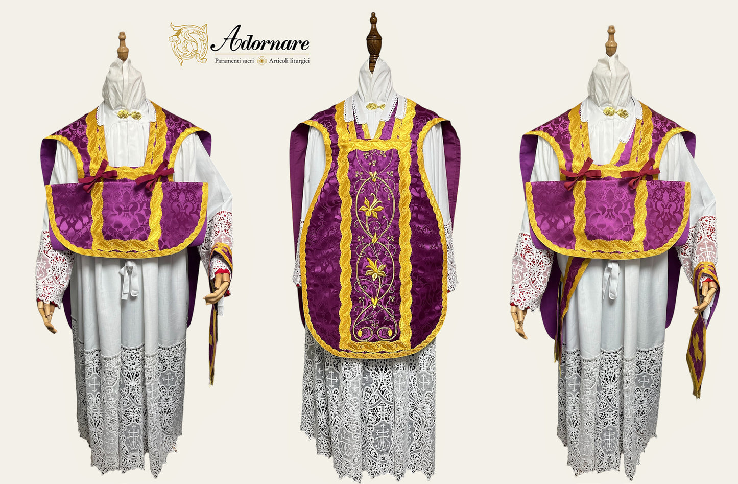IHS Embroidered Folded chasubles & broad stole Solemn Mass Set in French Roman Style /Pianete Plicate e Stolone Francese Damasco Ricamato "IHS"
