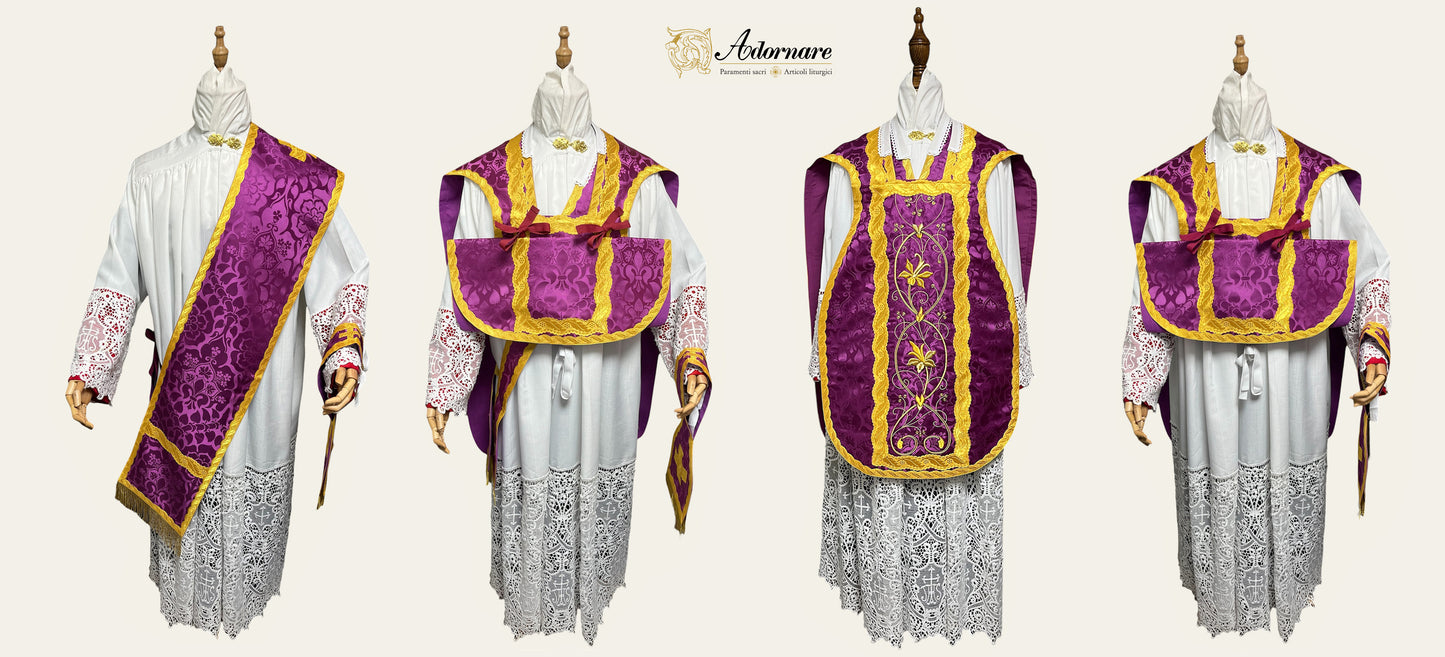 IHS Embroidered Folded chasubles & broad stole Solemn Mass Set in French Roman Style /Pianete Plicate e Stolone Francese Damasco Ricamato "IHS"