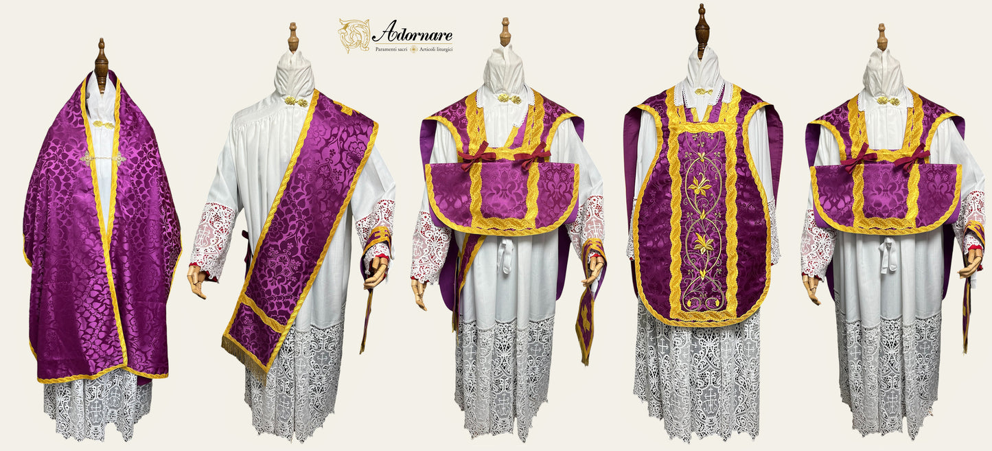 IHS Embroidered Folded chasubles & broad stole Solemn Mass Set in French Roman Style /Pianete Plicate e Stolone Francese Damasco Ricamato "IHS"