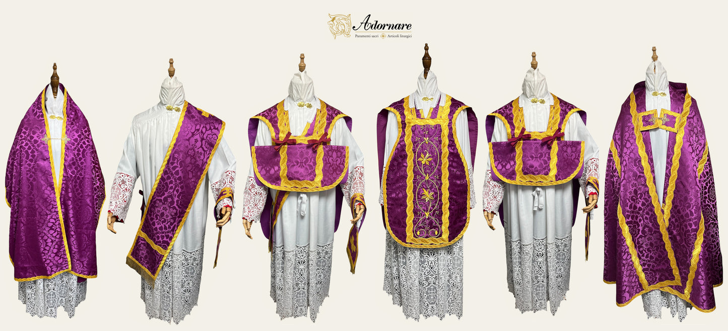 IHS Embroidered Folded chasubles & broad stole Solemn Mass Set in French Roman Style /Pianete Plicate e Stolone Francese Damasco Ricamato "IHS"