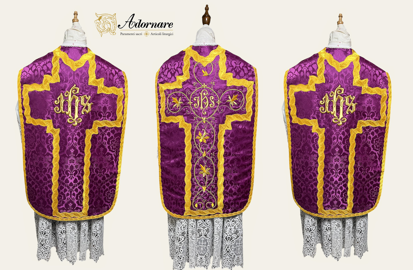 IHS Embroidered Folded chasubles & broad stole Solemn Mass Set in French Roman Style /Pianete Plicate e Stolone Francese Damasco Ricamato "IHS"