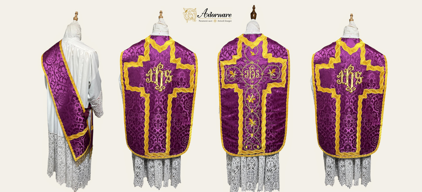 IHS Embroidered Folded chasubles & broad stole Solemn Mass Set in French Roman Style /Pianete Plicate e Stolone Francese Damasco Ricamato "IHS"