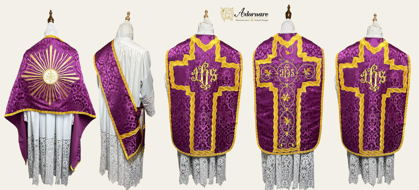 IHS Embroidered Folded chasubles & broad stole Solemn Mass Set in French Roman Style /Pianete Plicate e Stolone Francese Damasco Ricamato "IHS"