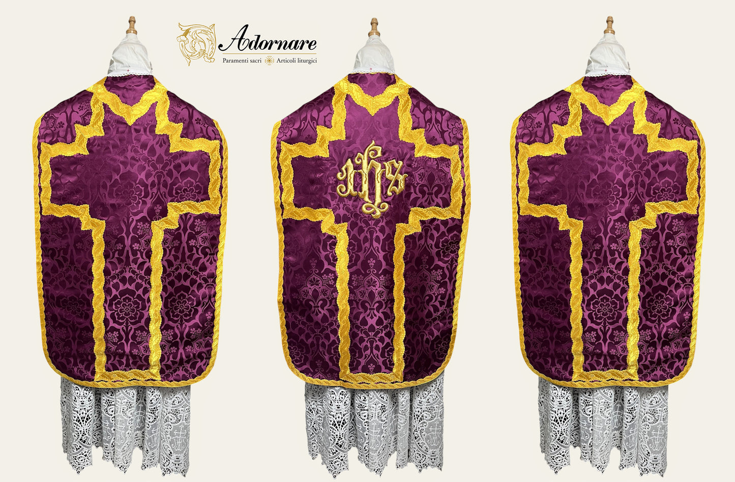 Damask Folded chasubles & broad stole Solemn Mass Set in French Style /Pianete Plicate e Stolone Francese Damasco