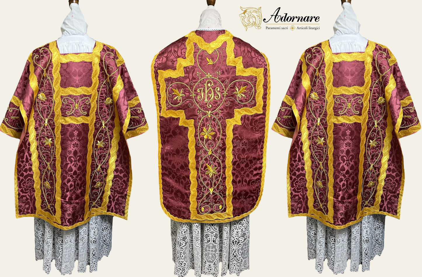 French Solemn Mass Set with hand and machine-embroidered IHS and floral motifs